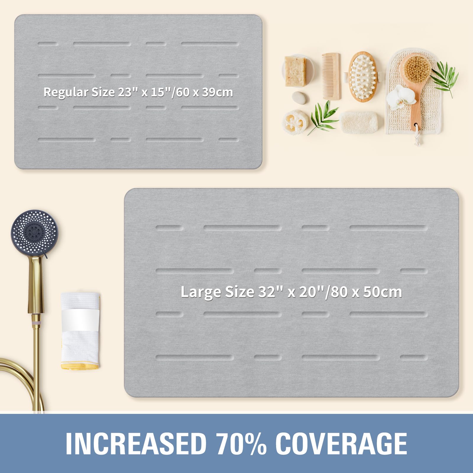 Large Stone Bath Mat, 32"x 20" Diatomaceous Earth Bath Mat for Bathroom, Quick Drying Long Bath Mat Stone Absorbing, Non-Slip Diatomite Hard Stone Shower Mat Instant Dry