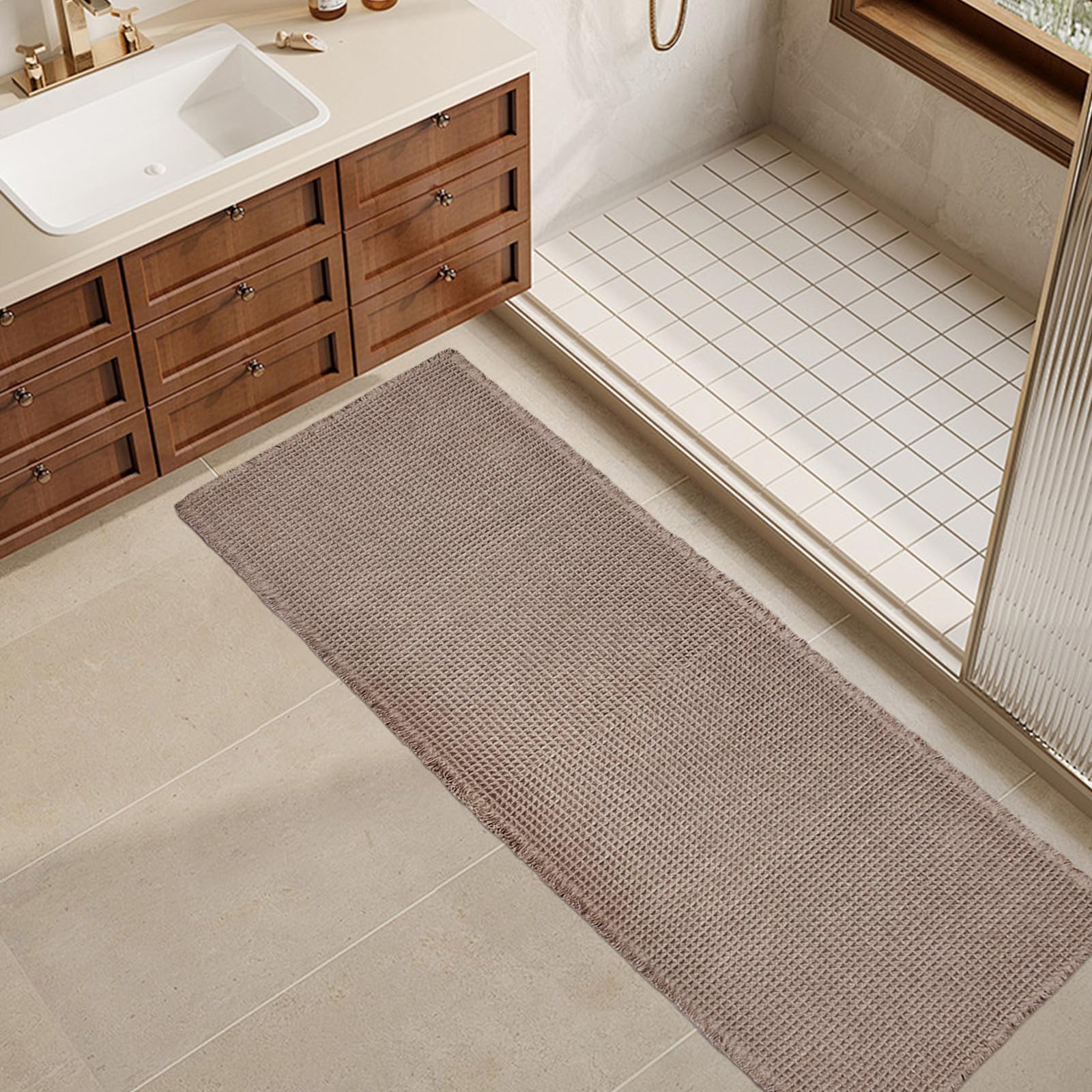 Grey Waffle Bath Mat,Super Absorbent Non Slip Bathroom Rug,Gray Machine Washable Ultra Soft Floor Mats