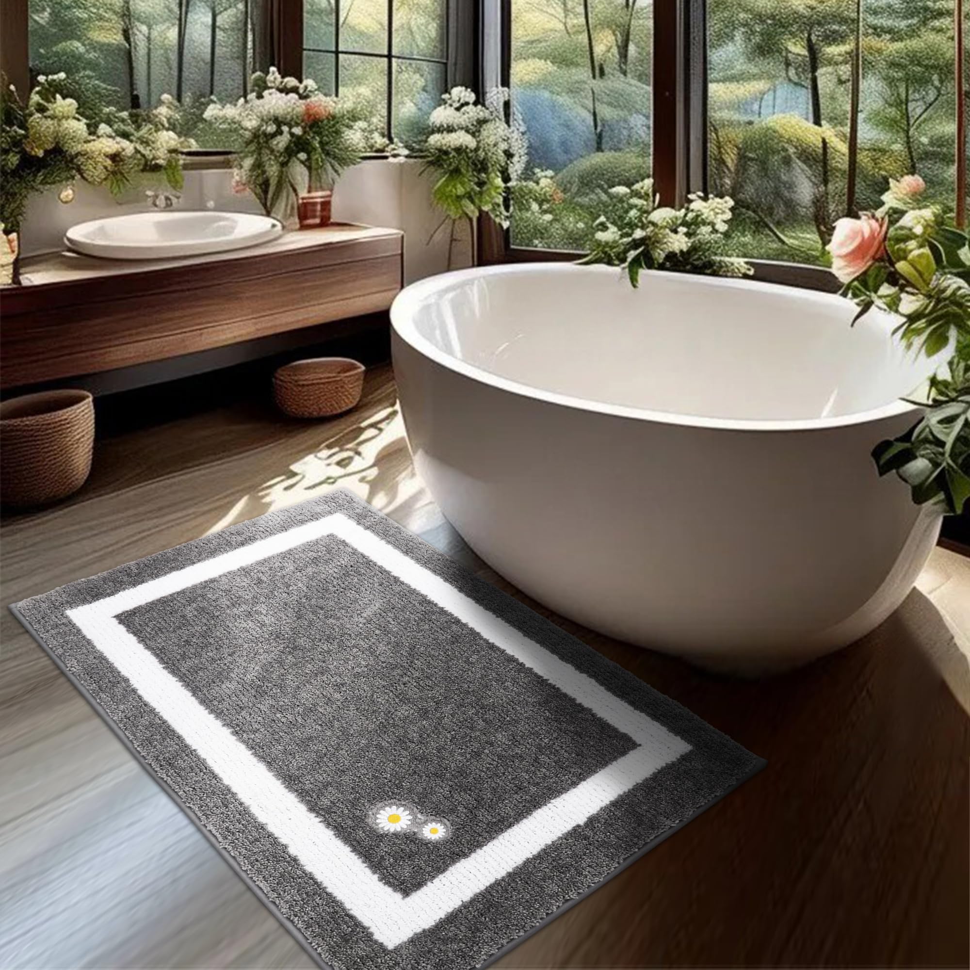 Bathroom-Rug-Non-Slip-Bath-Mats-for-Bathroom Absorbent and Soft Bathroom Mat Washable Bath Rugs Embroidered Floral Bathroom Rugs