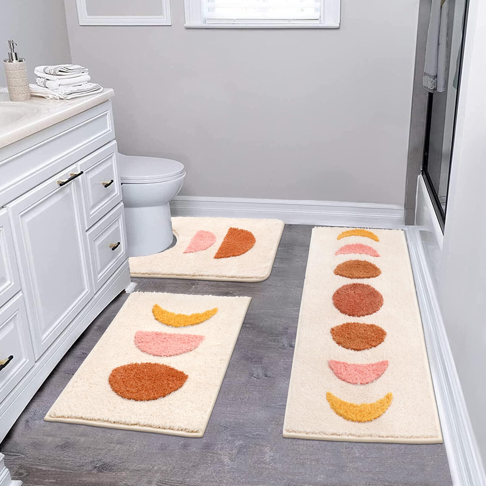 改Pauwer Boho Bathroom Rugs Sets 3 Piece, Non Slip Bath Mats for Bathroom, Absorbent Microfiber Bathroom Mats, Bohemian Bathroom Runner, Shower Rug with U Shaped Toilet Rug, Bath Rugs Floor Mat Carpet