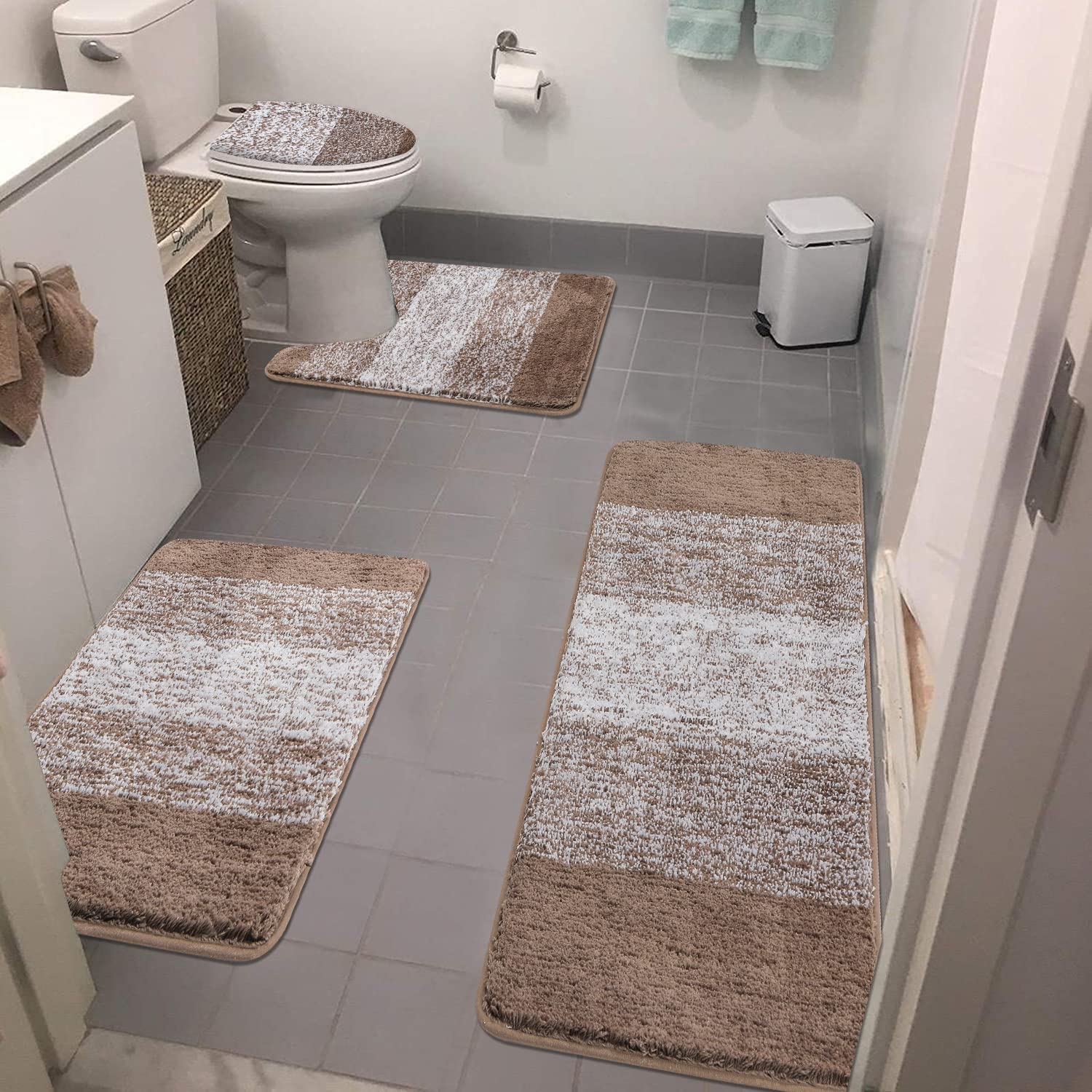 Rugs Sets 4 Piece with Toilet Lid Cover, Non-Slip Absorbentb Rugs and Mats for Bathroom Microfiber Shaggy Machine Washable Bath Rug Set
