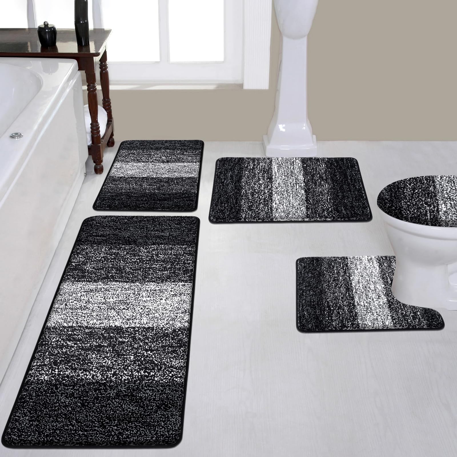 Rugs Sets 4 Piece with Toilet Lid Cover, Non-Slip Absorbentb Rugs and Mats for Bathroom Microfiber Shaggy Machine Washable Bath Rug Set