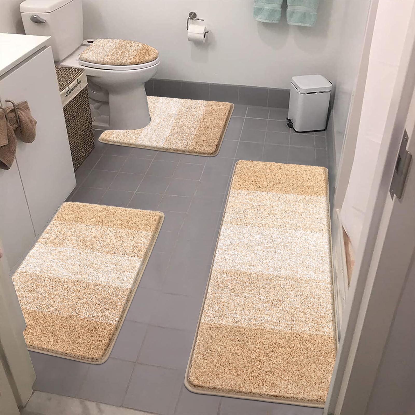 Rugs Sets 4 Piece with Toilet Lid Cover, Non-Slip Absorbentb Rugs and Mats for Bathroom Microfiber Shaggy Machine Washable Bath Rug Set