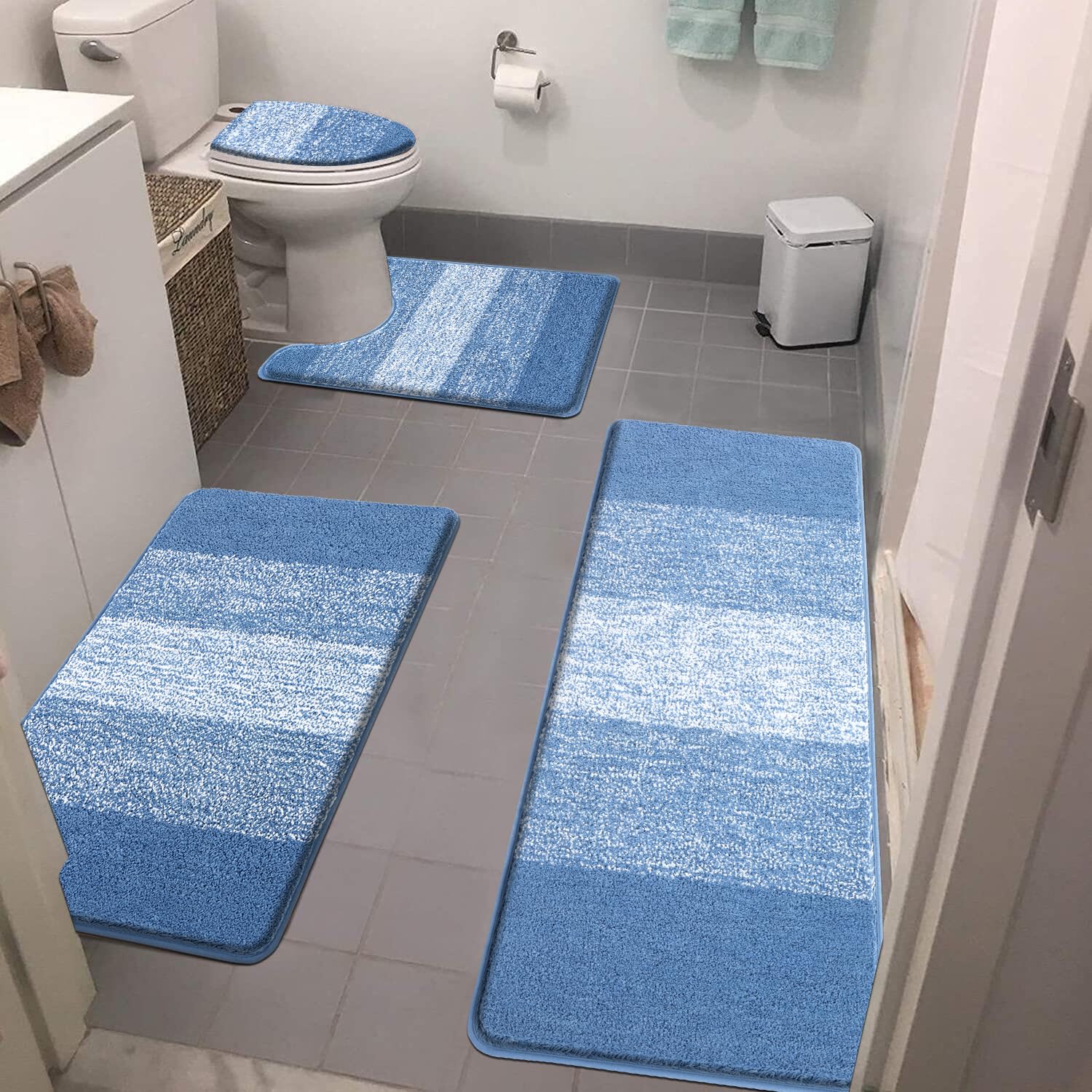 Rugs Sets 4 Piece with Toilet Lid Cover, Non-Slip Absorbentb Rugs and Mats for Bathroom Microfiber Shaggy Machine Washable Bath Rug Set