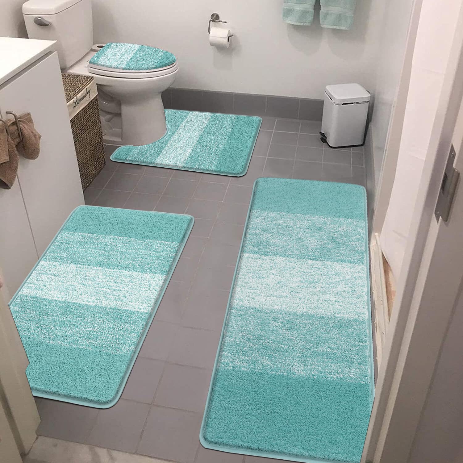 Rugs Sets 4 Piece with Toilet Lid Cover, Non-Slip Absorbentb Rugs and Mats for Bathroom Microfiber Shaggy Machine Washable Bath Rug Set