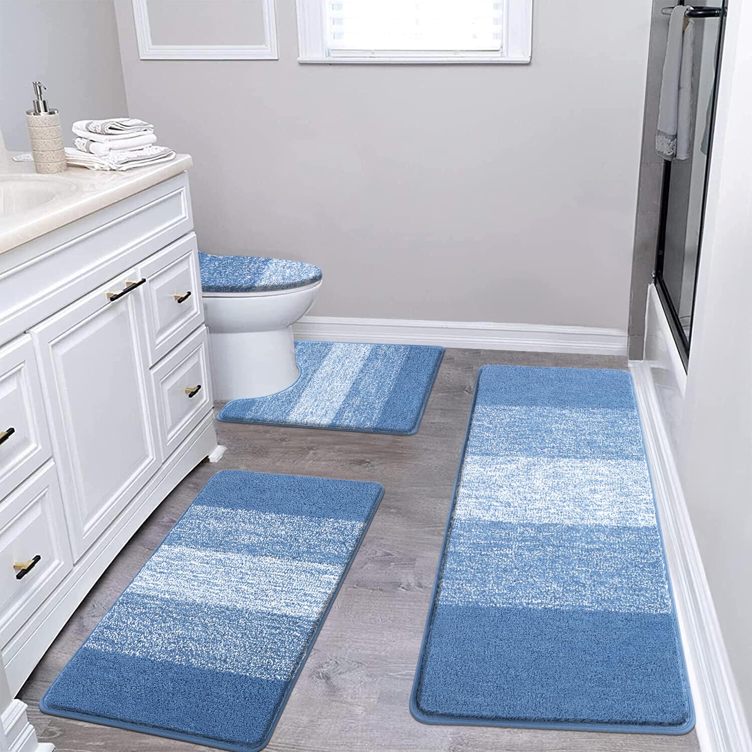 Rugs Sets 4 Piece with Toilet Lid Cover, Non-Slip Absorbentb Rugs and Mats for Bathroom Microfiber Shaggy Machine Washable Bath Rug Set