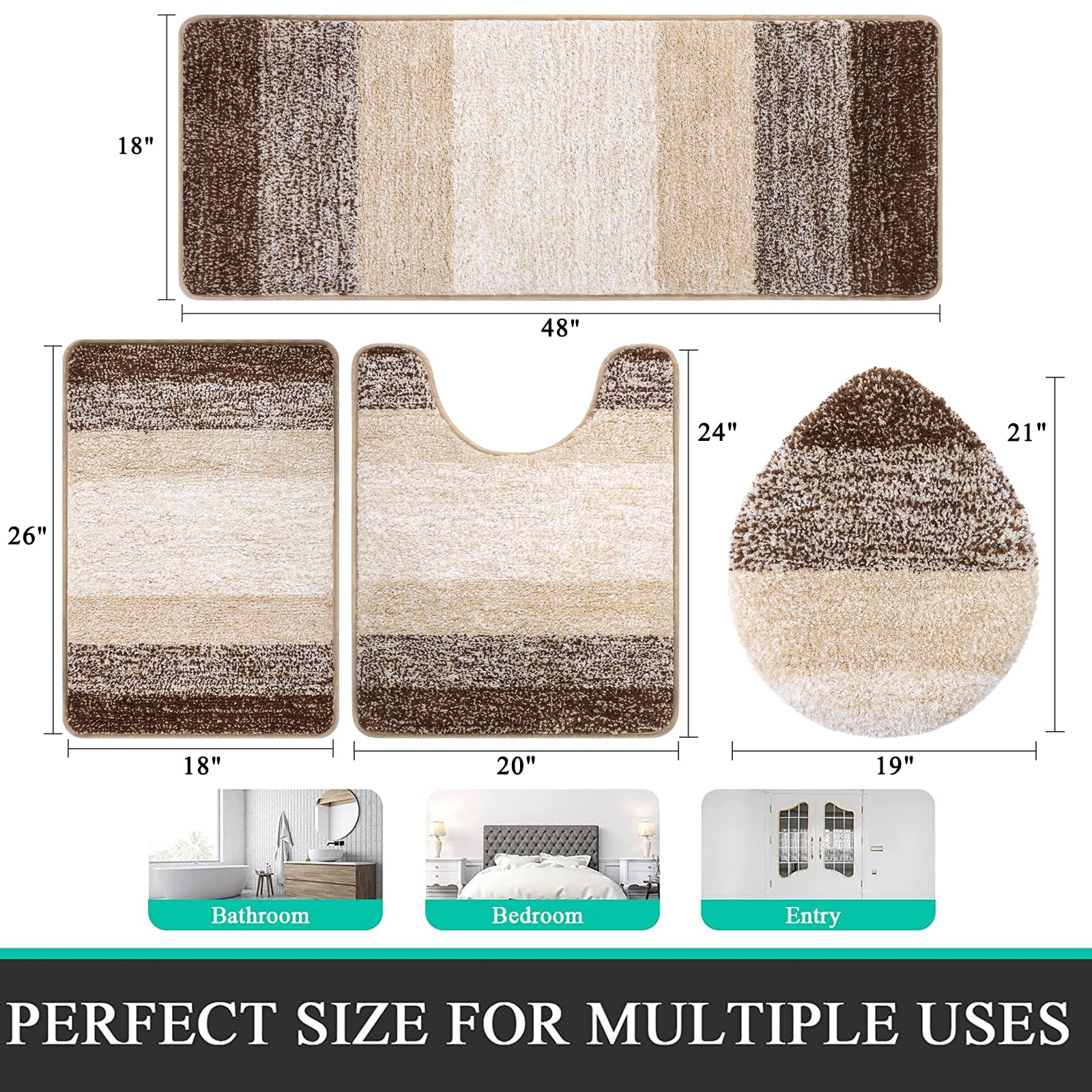 Rugs Sets 4 Piece with Toilet Lid Cover, Non-Slip Absorbentb Rugs and Mats for Bathroom Microfiber Shaggy Machine Washable Bath Rug Set