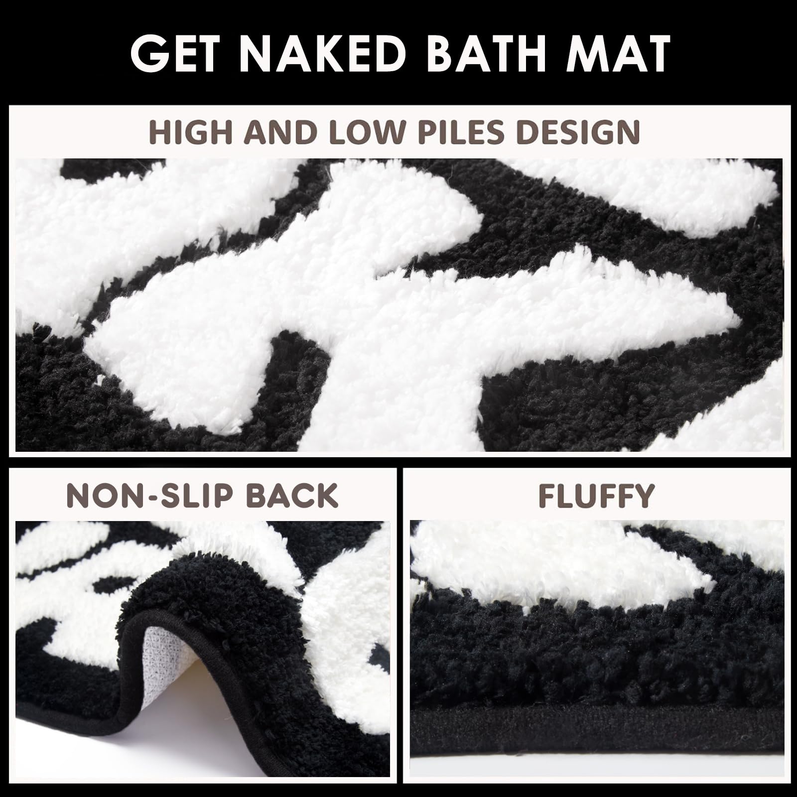 Irregular Shaped Get Naked Bath Mat - Funny Bathroom Rugs, Small Cute Bathroom Decor, Non-Slip Black and White Bathroom Rugs