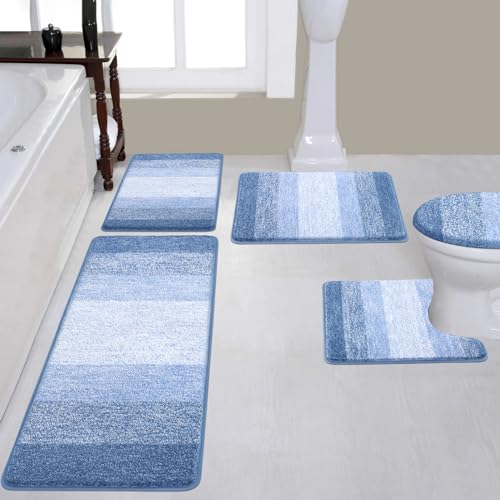 Rugs Sets 4 Piece with Toilet Lid Cover, Non-Slip Absorbentb Rugs and Mats for Bathroom Microfiber Shaggy Machine Washable Bath Rug Set