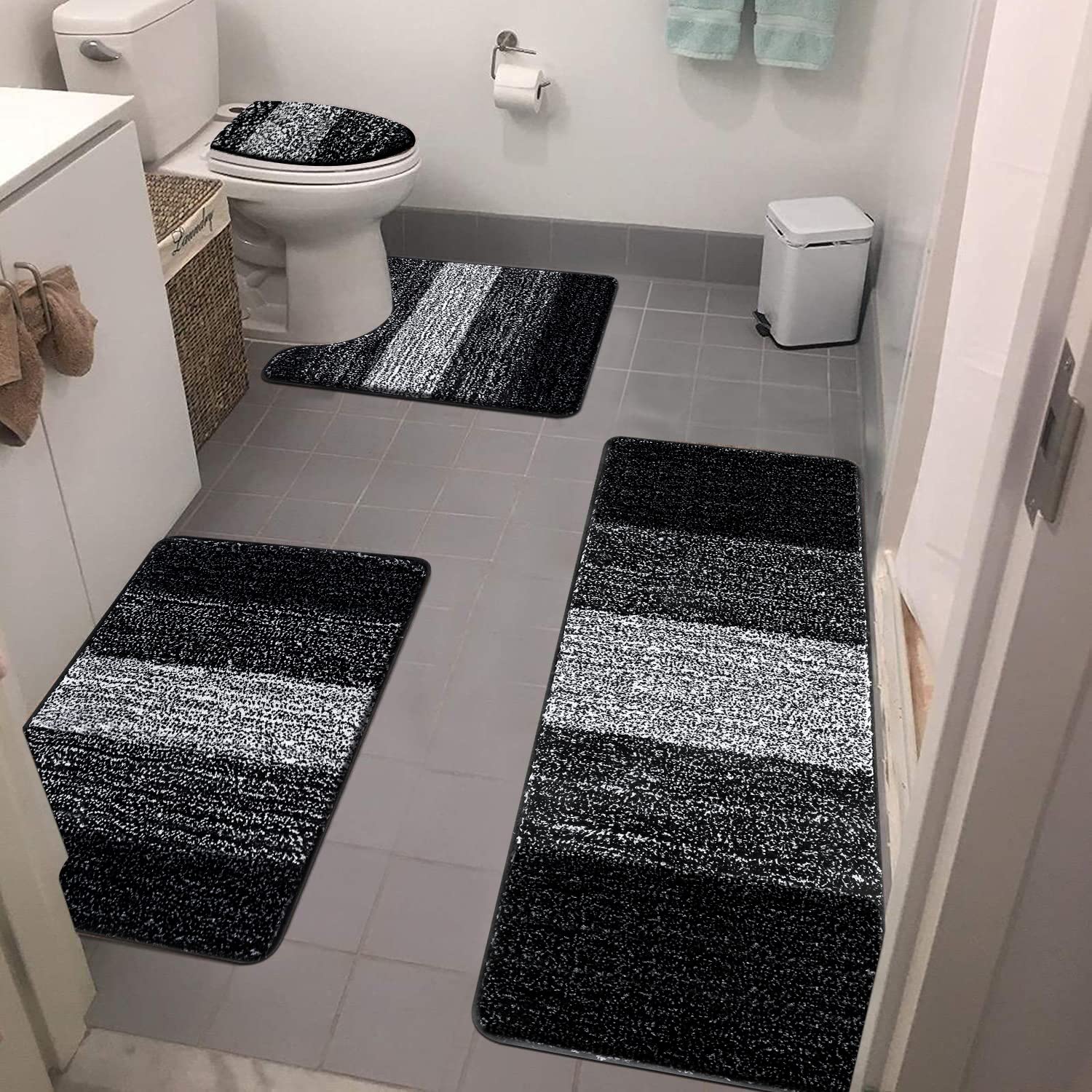 Rugs Sets 4 Piece with Toilet Lid Cover, Non-Slip Absorbentb Rugs and Mats for Bathroom Microfiber Shaggy Machine Washable Bath Rug Set