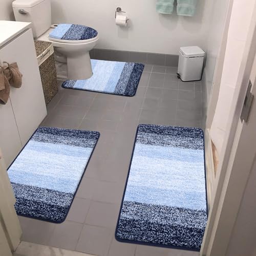 Rugs Sets 4 Piece with Toilet Lid Cover, Non-Slip Absorbentb Rugs and Mats for Bathroom Microfiber Shaggy Machine Washable Bath Rug Set