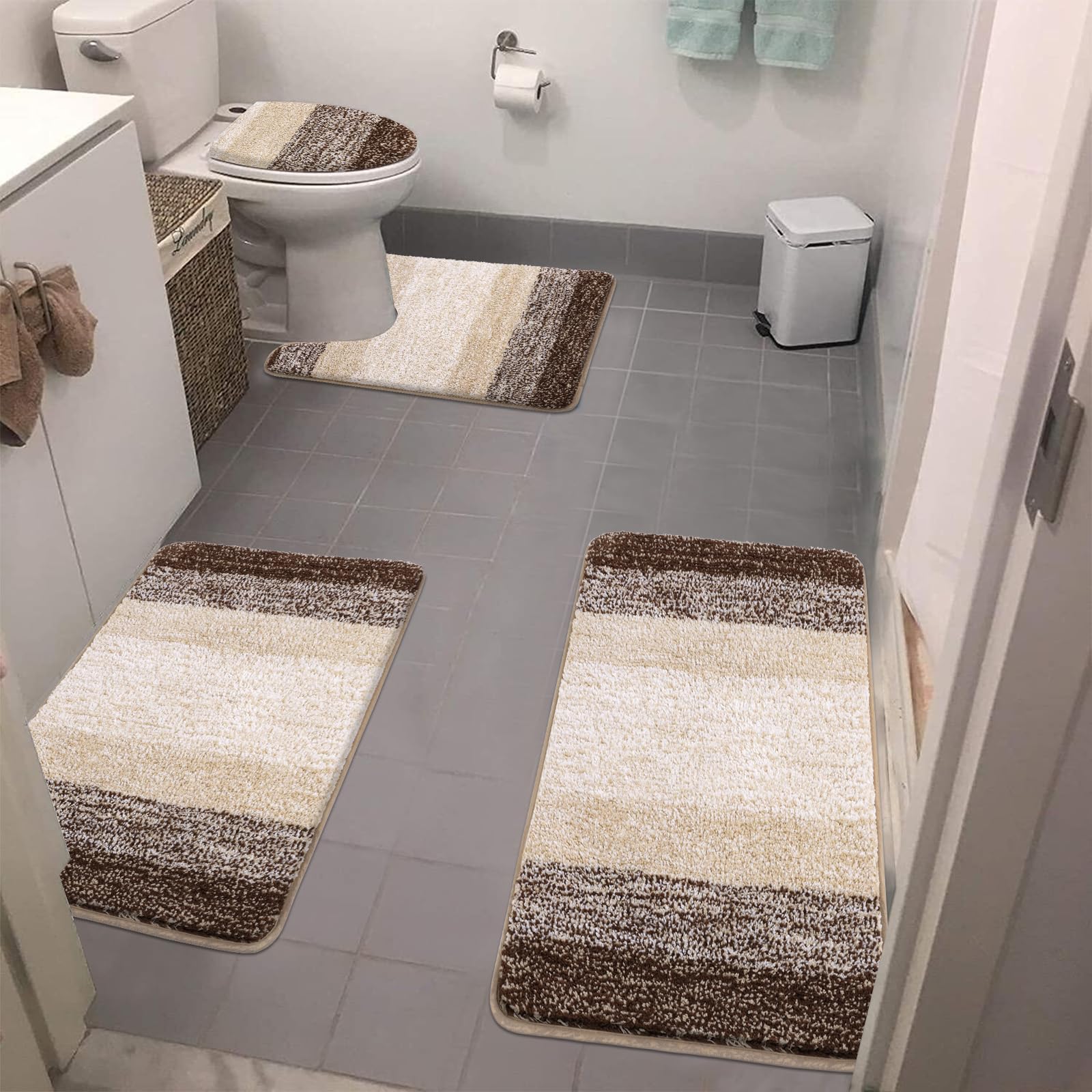 Rugs Sets 4 Piece with Toilet Lid Cover, Non-Slip Absorbentb Rugs and Mats for Bathroom Microfiber Shaggy Machine Washable Bath Rug Set