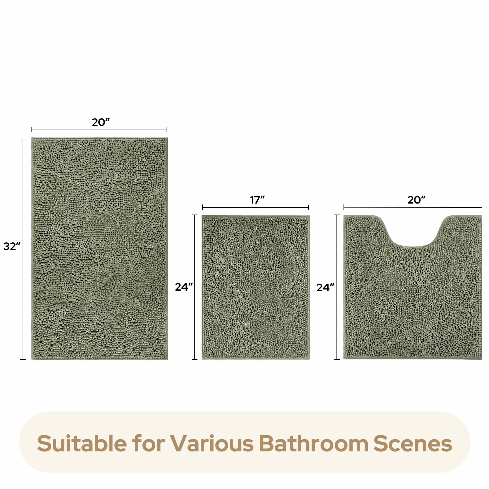 改HOMEIDEAS 3 Pieces Bathroom Rugs, Ultra Soft Non Slip Absorbent Chenille Toilet Bath Mat Set (Grey)