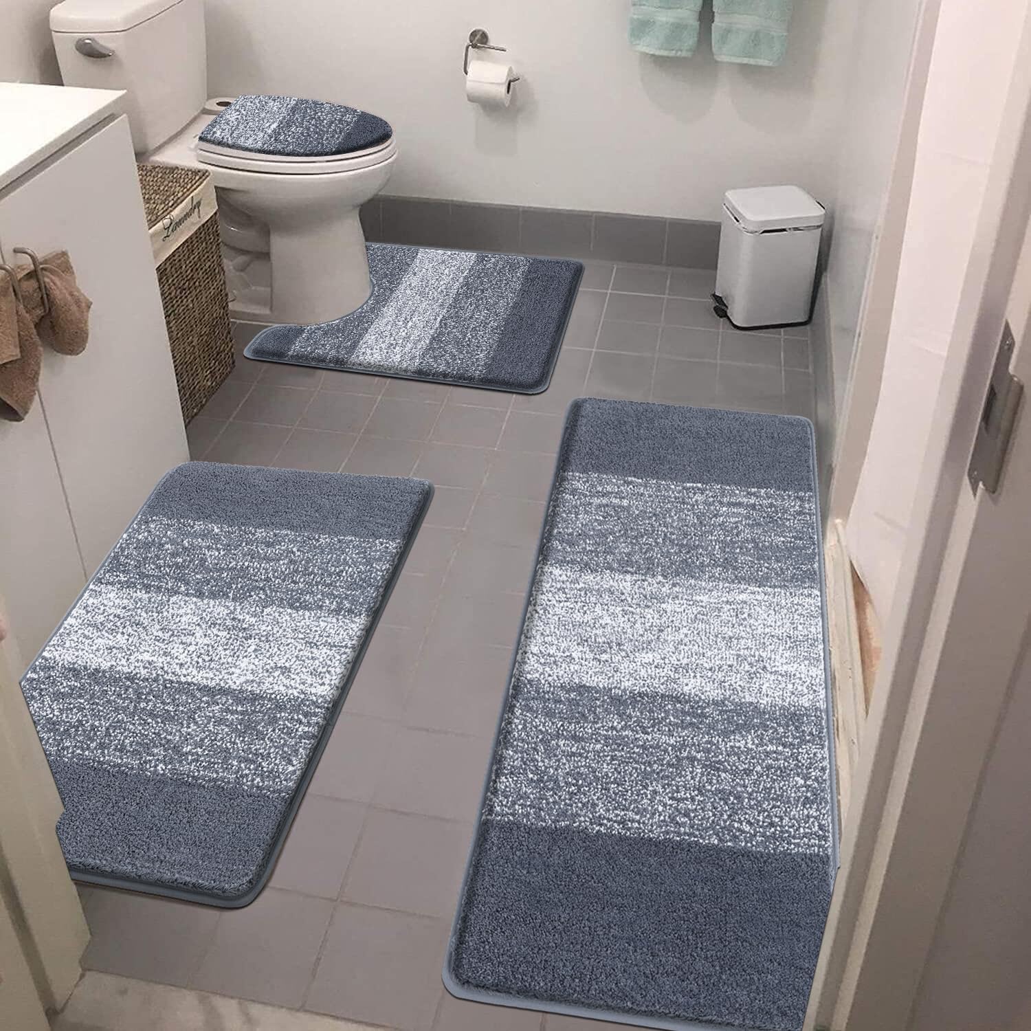 Rugs Sets 4 Piece with Toilet Lid Cover, Non-Slip Absorbentb Rugs and Mats for Bathroom Microfiber Shaggy Machine Washable Bath Rug Set