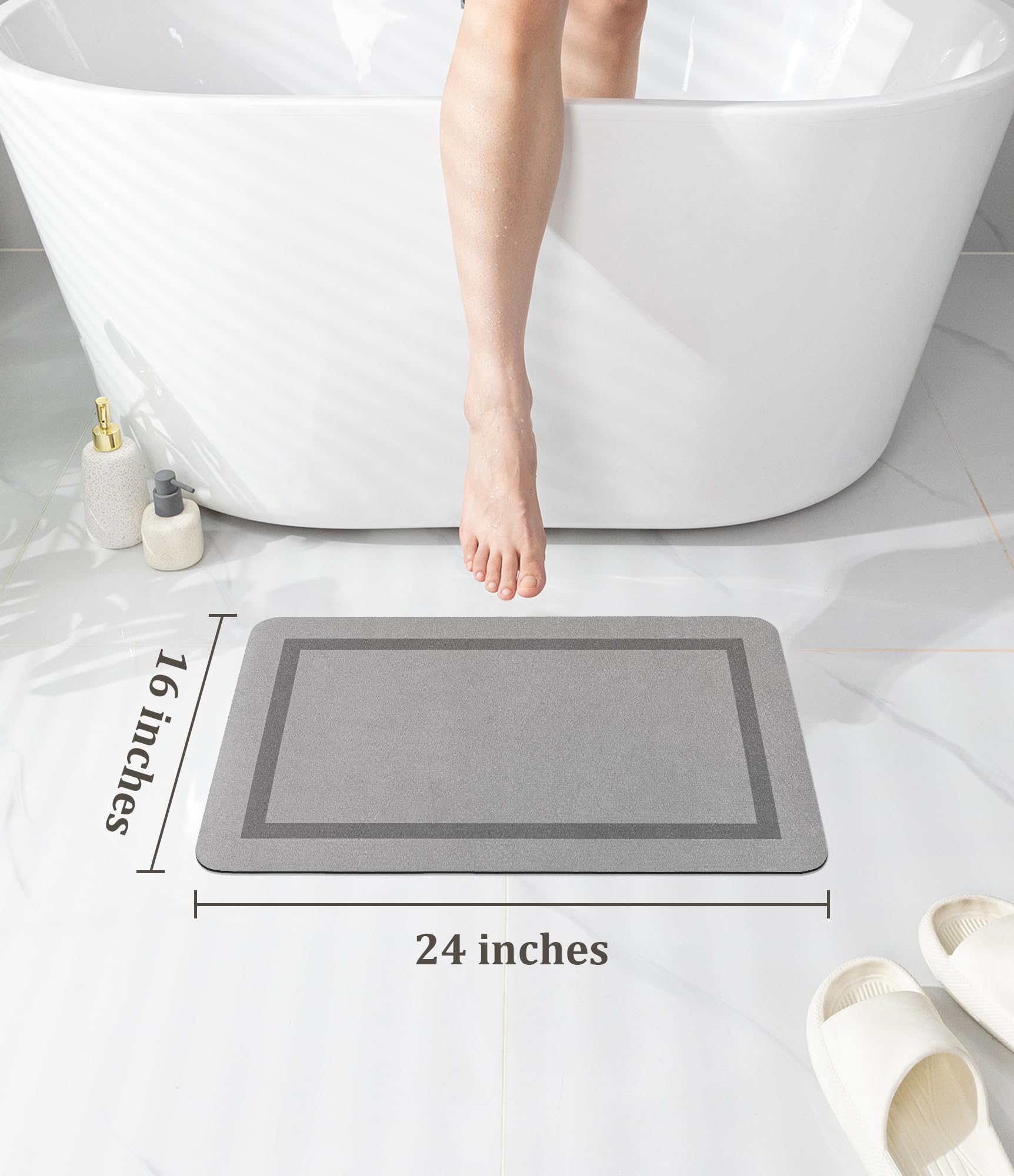 Quick Dry Bath Mat, Ultra Thin Bath Mat Non Slip Absorbent Bath Mats for Bathroom Floor Mat Fit Under Door for Bathroom Mat, (Grey, 24"x16")