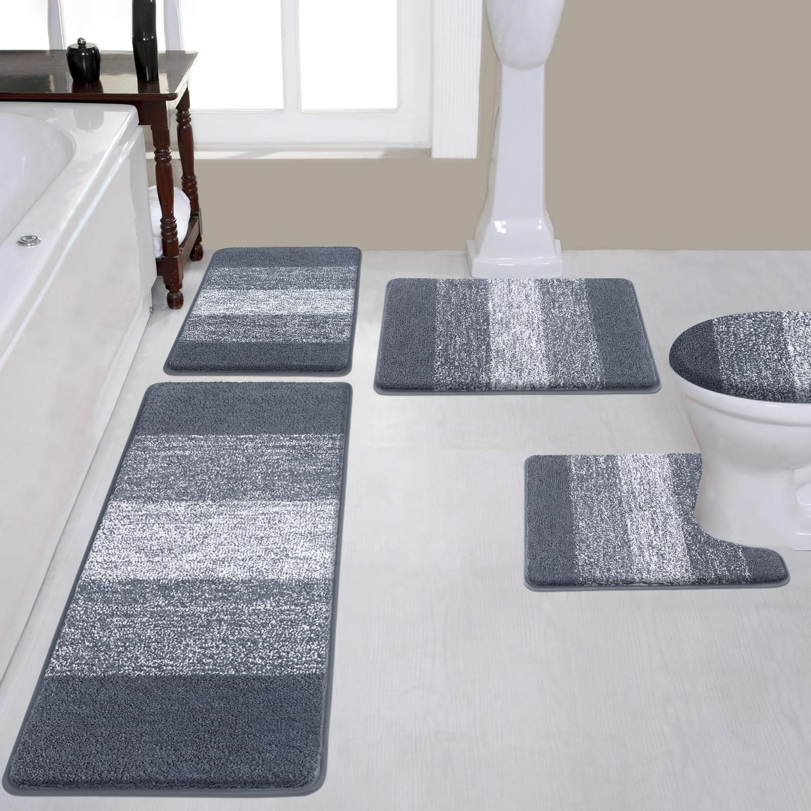 Rugs Sets 4 Piece with Toilet Lid Cover, Non-Slip Absorbentb Rugs and Mats for Bathroom Microfiber Shaggy Machine Washable Bath Rug Set