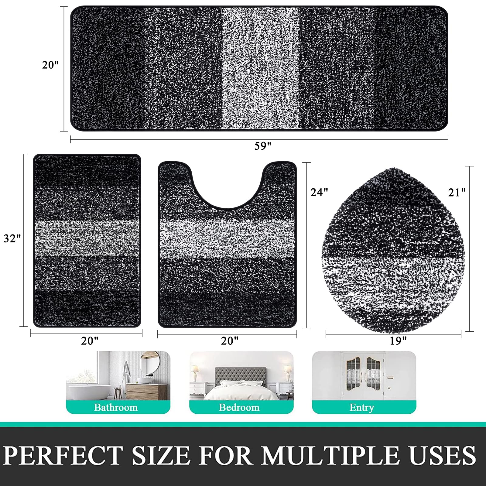 Rugs Sets 4 Piece with Toilet Lid Cover, Non-Slip Absorbentb Rugs and Mats for Bathroom Microfiber Shaggy Machine Washable Bath Rug Set