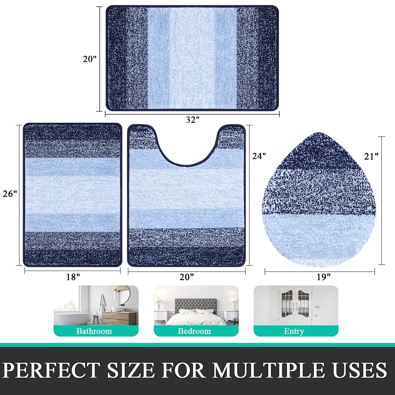 Rugs Sets 4 Piece with Toilet Lid Cover, Non-Slip Absorbentb Rugs and Mats for Bathroom Microfiber Shaggy Machine Washable Bath Rug Set