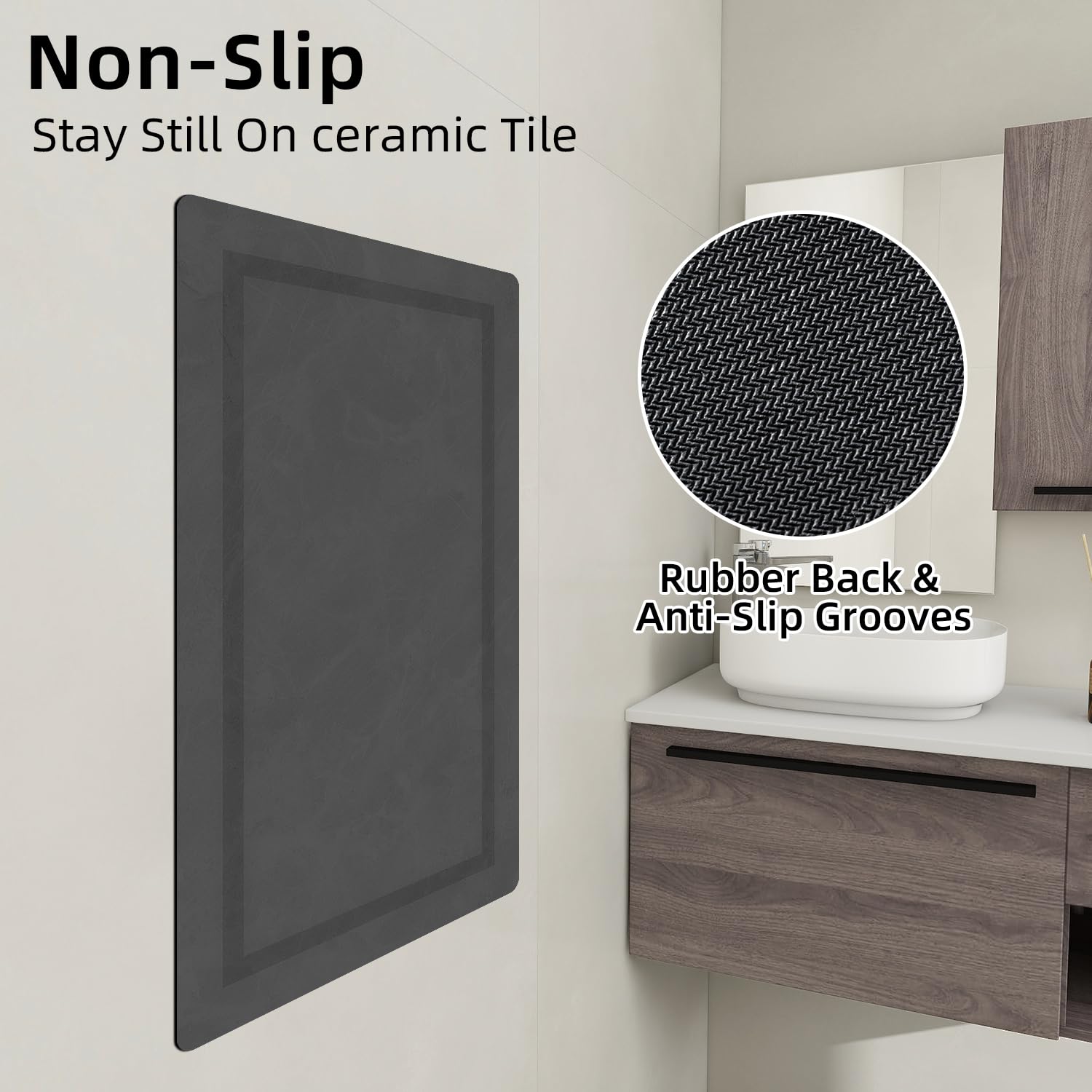 Quick Dry Bath Mat, Ultra Thin Bath Mat Non Slip Absorbent Bath Mats for Bathroom Floor Mat Fit Under Door for Bathroom Mat, (Grey, 24"x16")