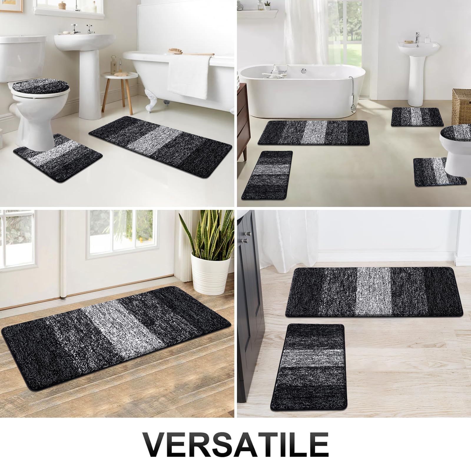 Rugs Sets 4 Piece with Toilet Lid Cover, Non-Slip Absorbentb Rugs and Mats for Bathroom Microfiber Shaggy Machine Washable Bath Rug Set