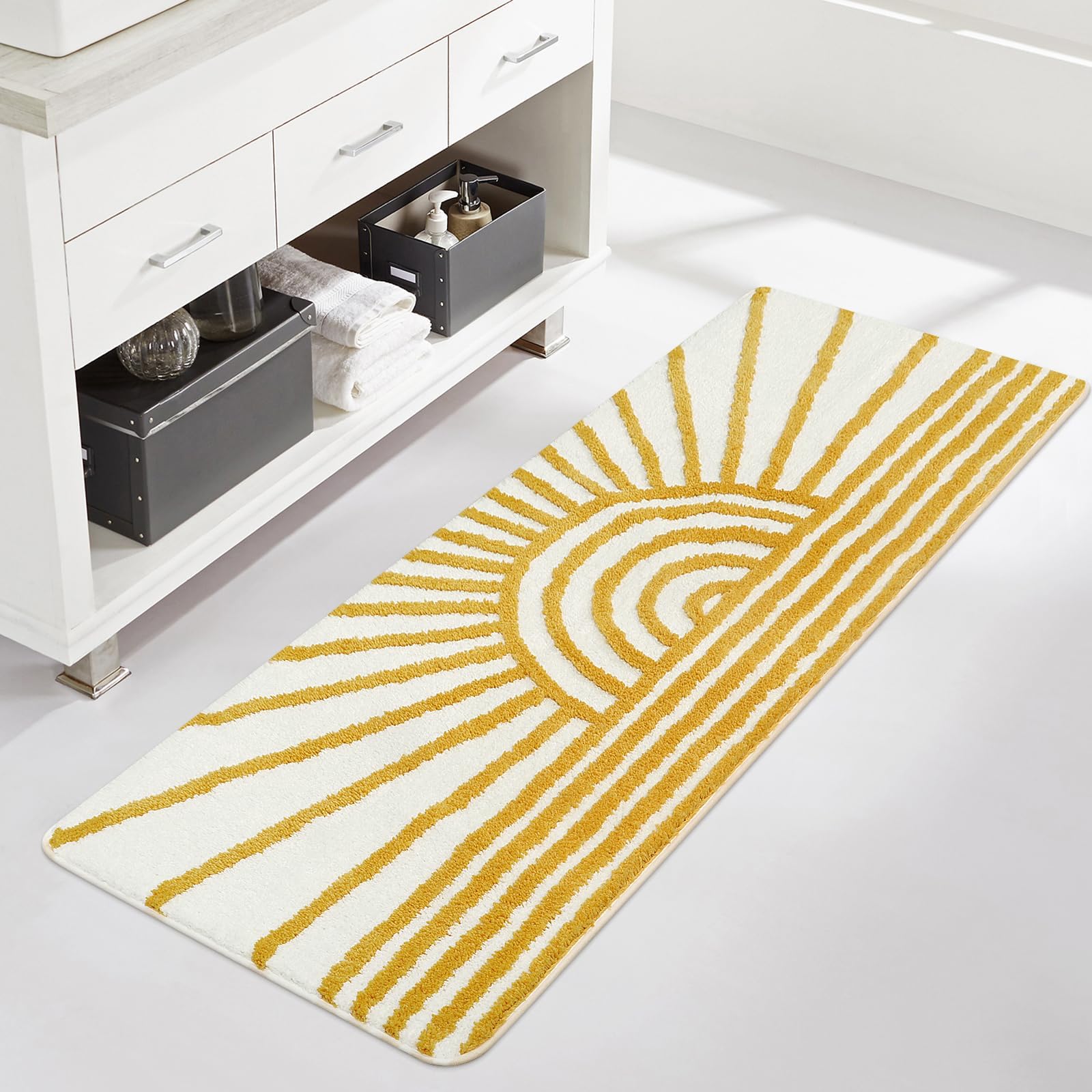 Bathroom Runner Yellow and White Sun Long Bathroom Rugs Non Slip Water Absorbent Microfiber Bath Mat Modern Minimalism Machine Washable Bath Rugs for Bathtub Sink Shower