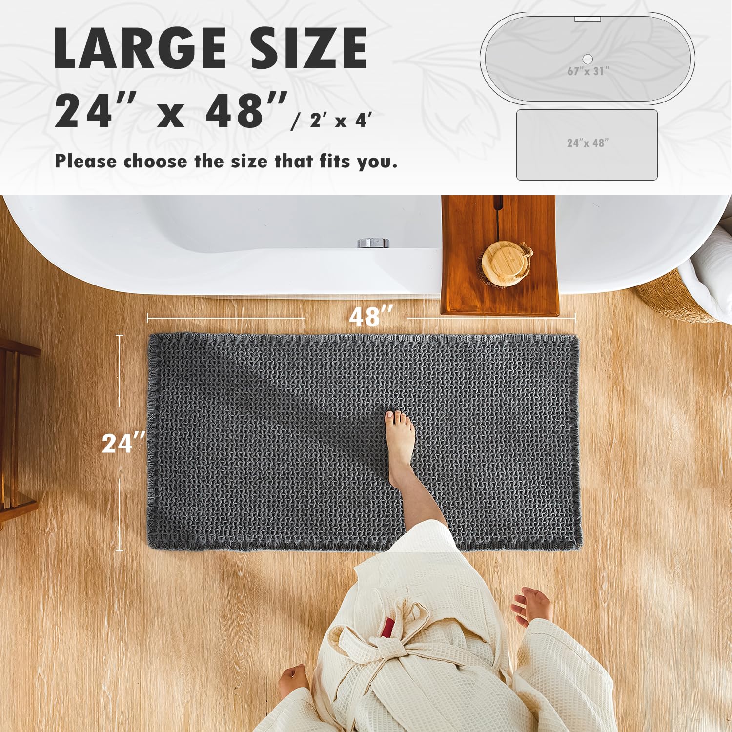 改Bathroom Rugs, Super Absorbent Non Slip Bath Mat Quick Dry Bath Rugs Washable Boho Farmhouse Bathroom Rugs for Bathroom with Non Slip Rug Pad, Khaki 24"x16"