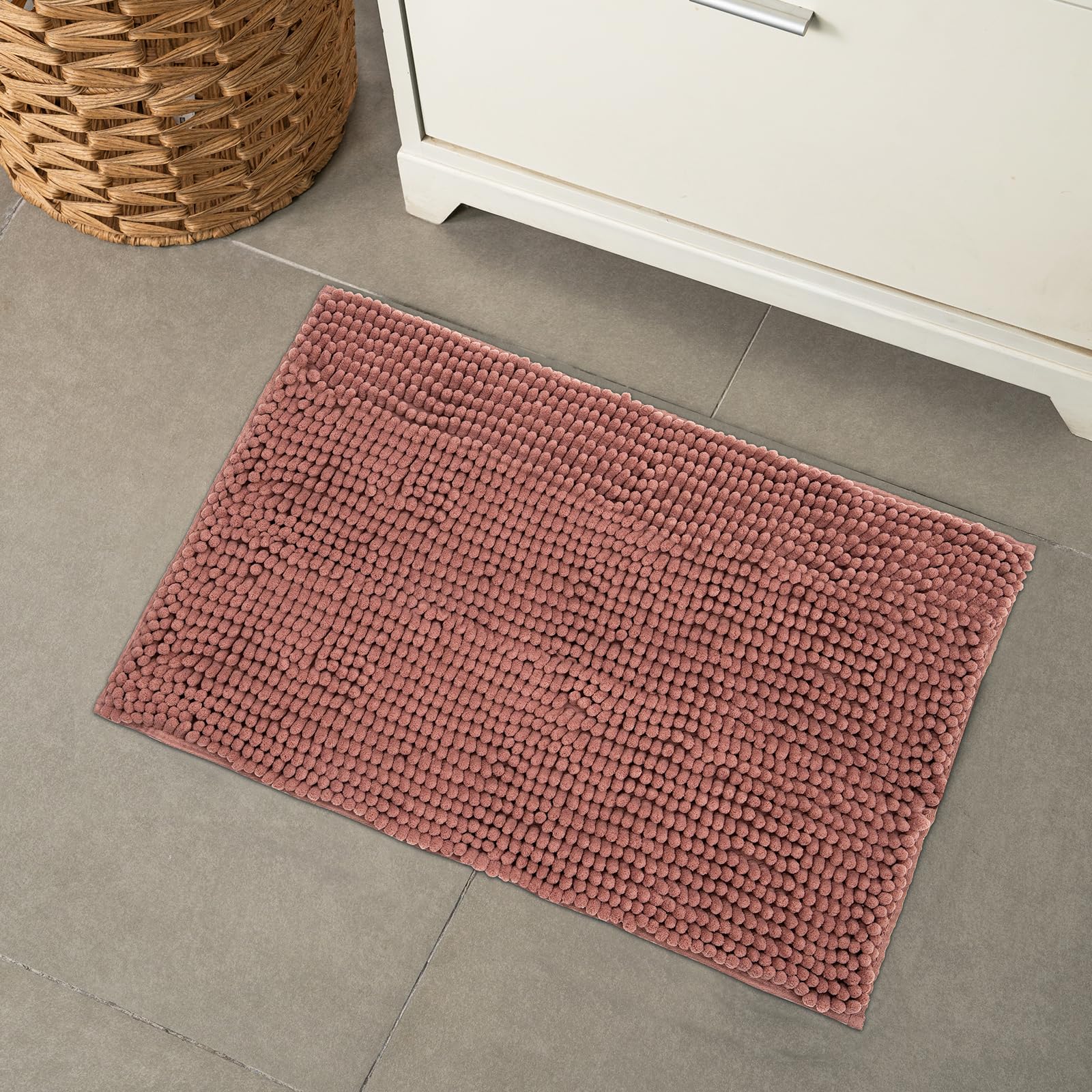 Chenille Bathroom Rugs Mat , Non-Slip Bath Mat for Bathroom Floor & Bathtub, Washable Soft Shower Shag Bath Rugs, Fluffy Thick Water Absorbent Microfiber Shower Mat, Dusty Pink