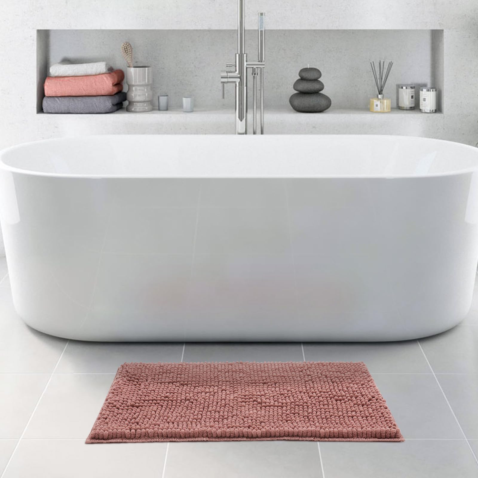 Chenille Bathroom Rugs Mat , Non-Slip Bath Mat for Bathroom Floor & Bathtub, Washable Soft Shower Shag Bath Rugs, Fluffy Thick Water Absorbent Microfiber Shower Mat, Dusty Pink