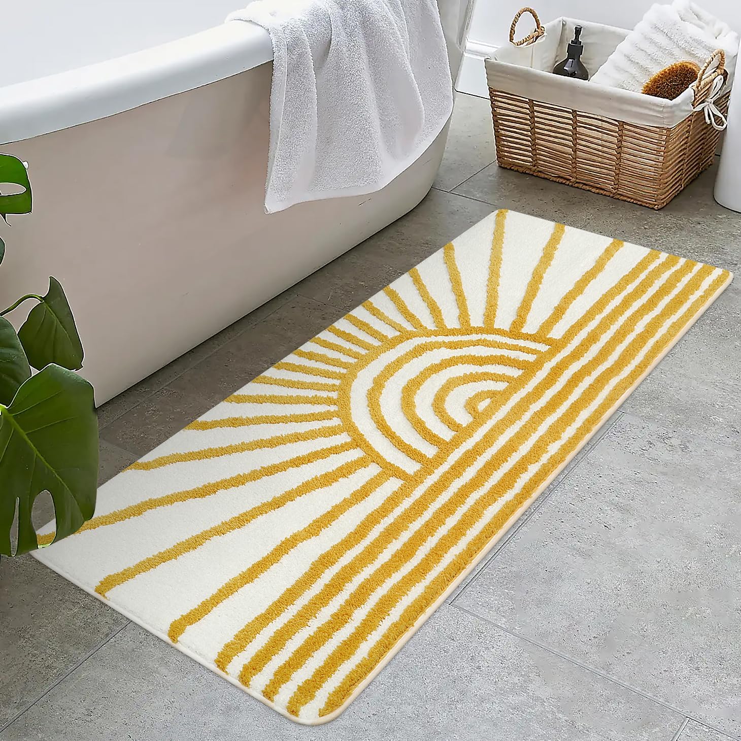 Bathroom Runner Yellow and White Sun Long Bathroom Rugs Non Slip Water Absorbent Microfiber Bath Mat Modern Minimalism Machine Washable Bath Rugs for Bathtub Sink Shower