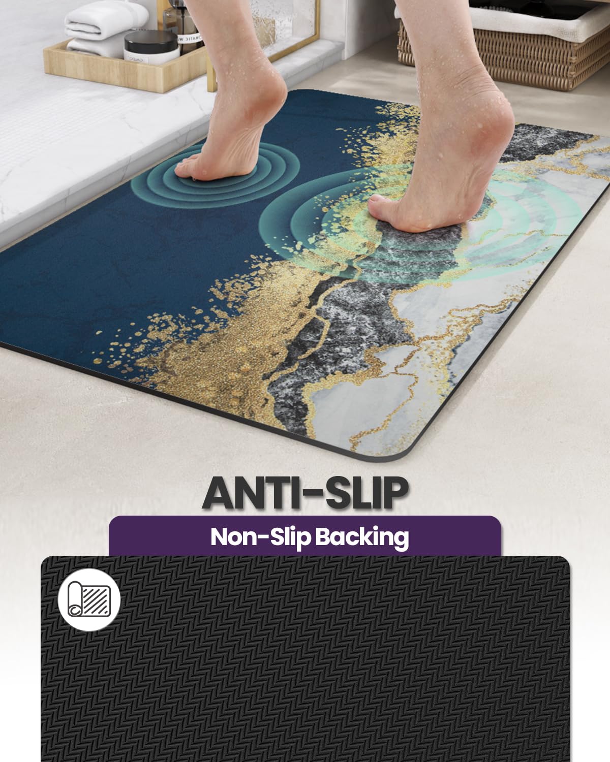 Bath Mat Rugs Bathroom Floor Mat Super Absorbent Ultra Thin Low Profile Non Slip Quick Dry Washable Carpet for Sink Shower Toilet