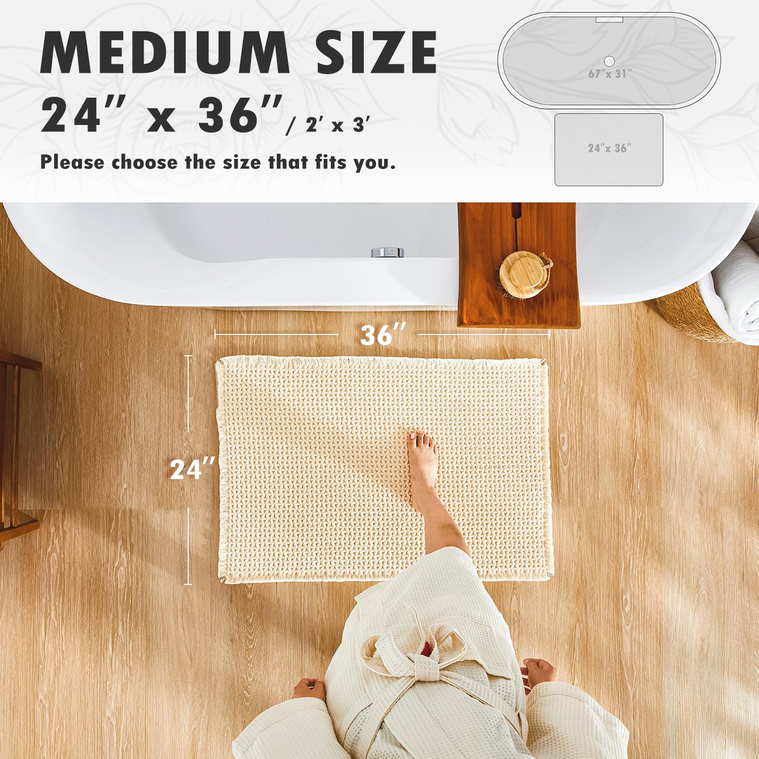 Bathroom Rugs, Super Absorbent Non Slip Bath Mat Quick Dry Bath Rugs Washable Boho Farmhouse Bathroom Rugs for Bathroom with Non Slip Rug Pad