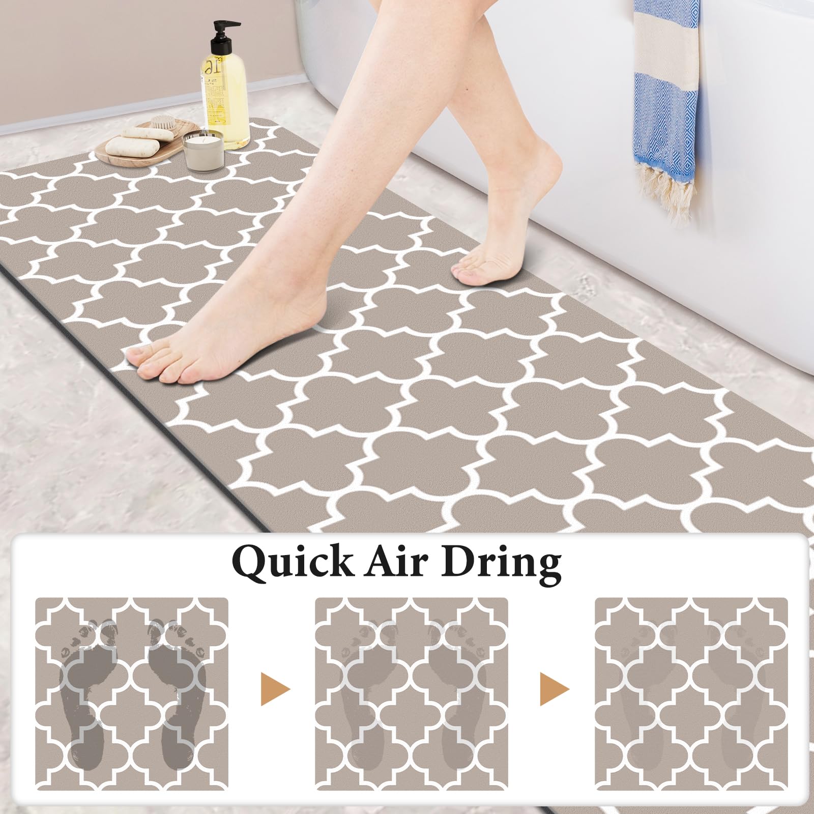 Bath Mat Super Absorbent Bathroom Rugs Anti-Slip Quick Dry Bath Rug Fits Under Door Washable Bath Rugs for Bathroom Shower Room in Front of Bathtub Sink