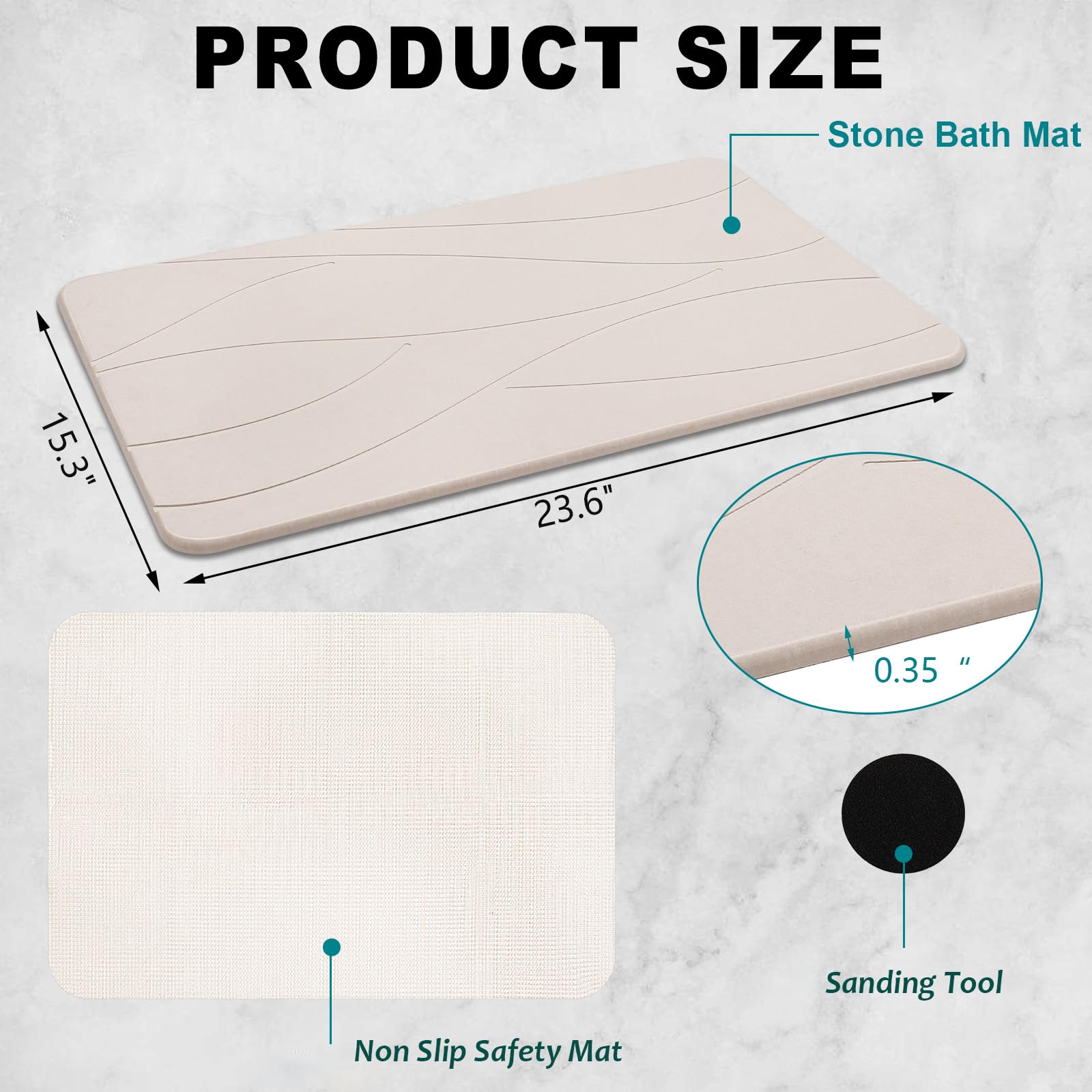 Stone Bath Mat Diatomaceous Earth Shower Mat Non Slip Quick Dry Bath Stone Mat Super Absorbent Bathroom Floor Mat for Bathroom Kitchen Counter (Off White)