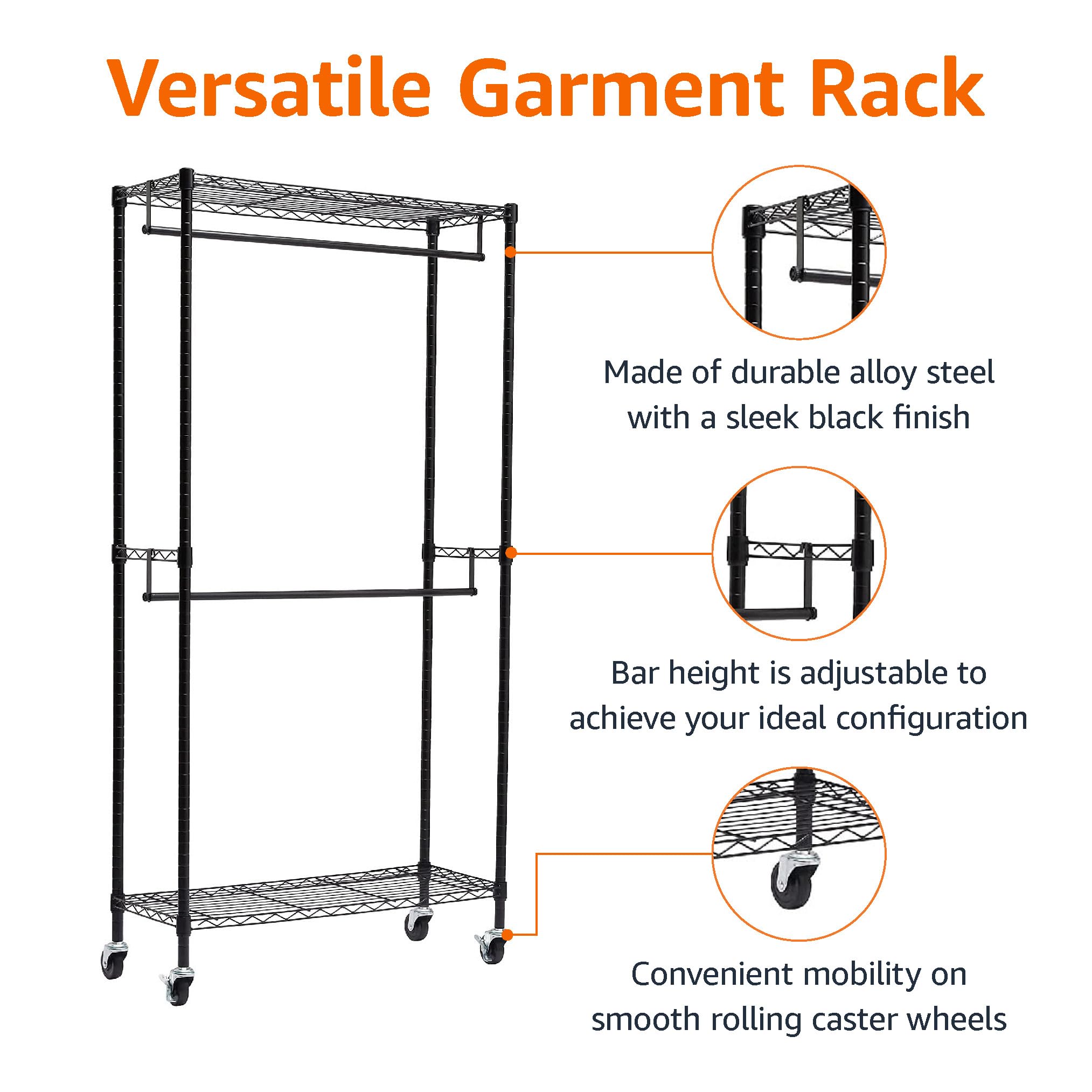 改Amazon Basics Adjustable Clothes Rack for Handing, Double Hanging Rod Garment Rolling Closet Clothing Organizer, Chrome, 36'' x 14'' x 72''