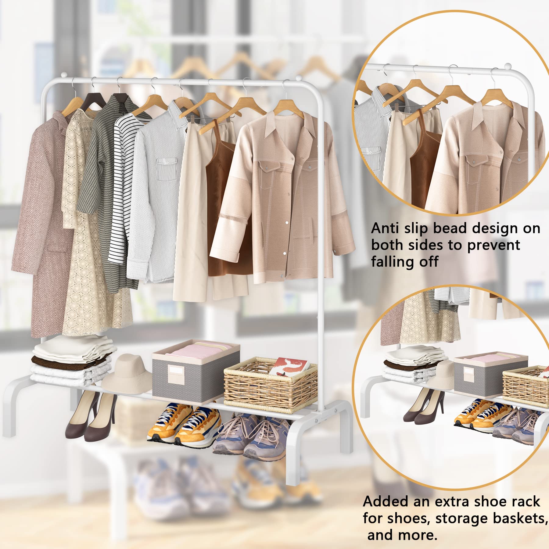 Clothes Rack Metal Clothing Rack with Bottom Shelf Garment Rack for Hanging Clothes Shirts Jeans and Coats