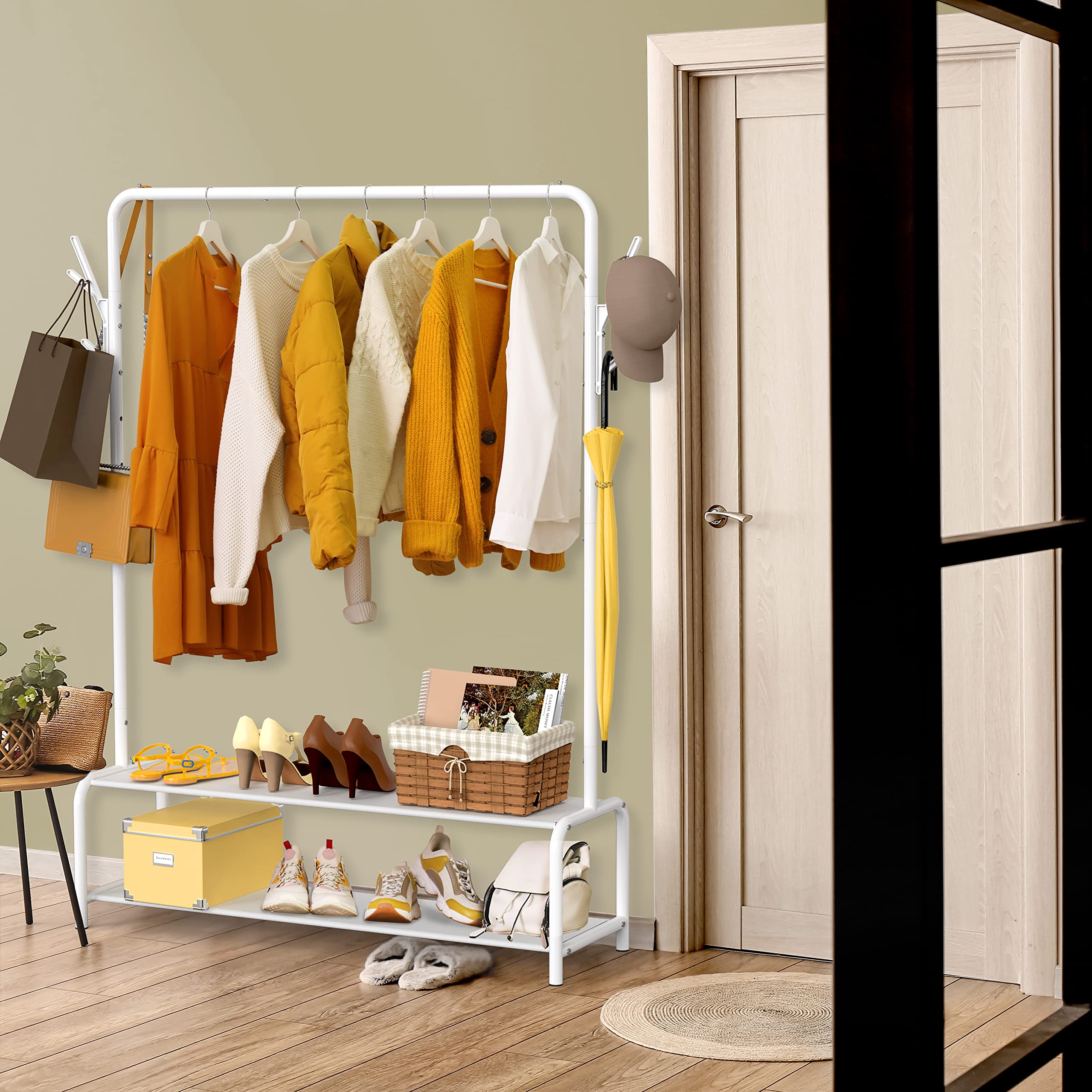 改Simple Houseware Garment Rack with Storage Shelves and Coat/Hat Hanging Hooks