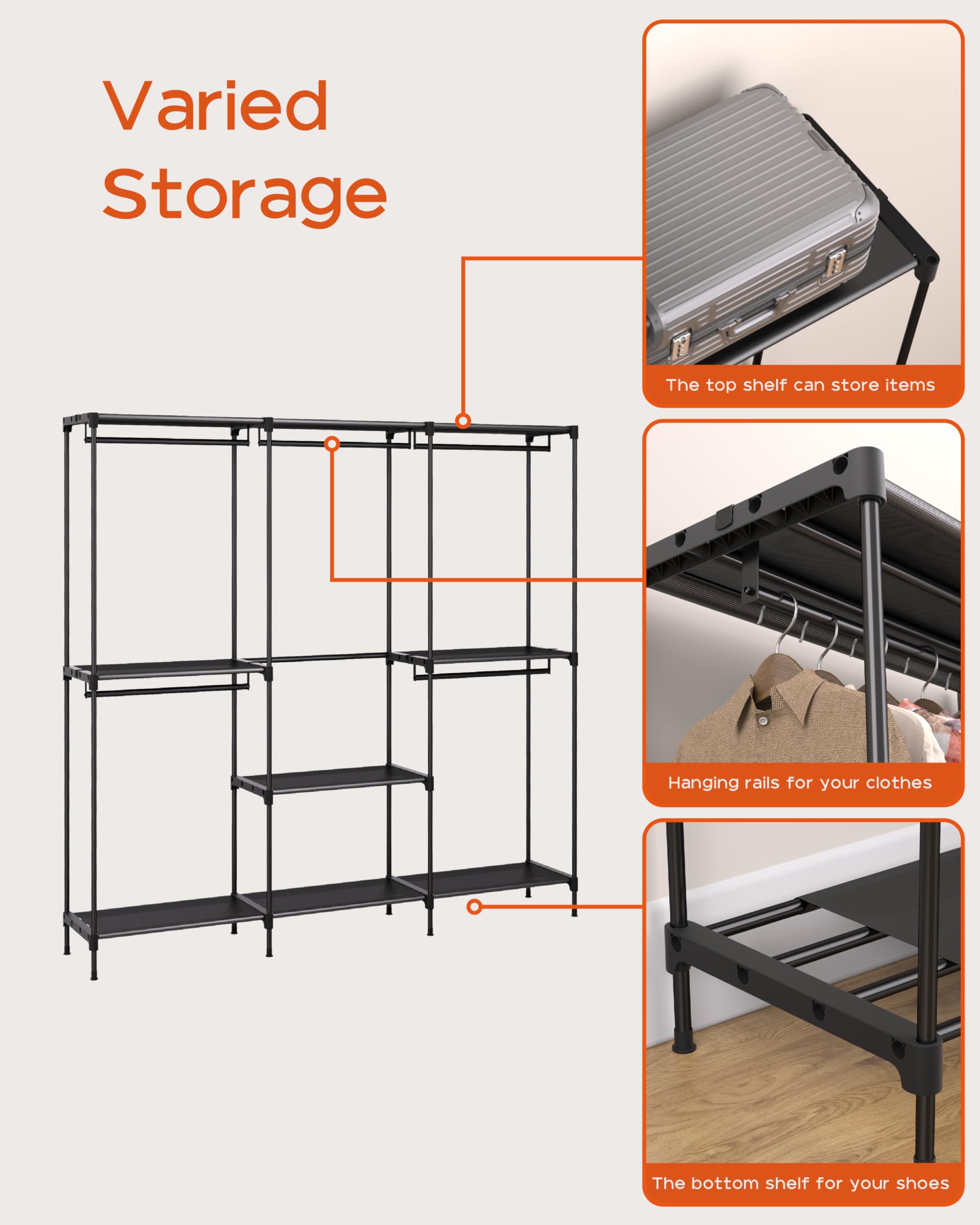 Portable Closet,  Clothes Storage Organizer with Shelves and 5 Hanging Rods, Easy to Assembly