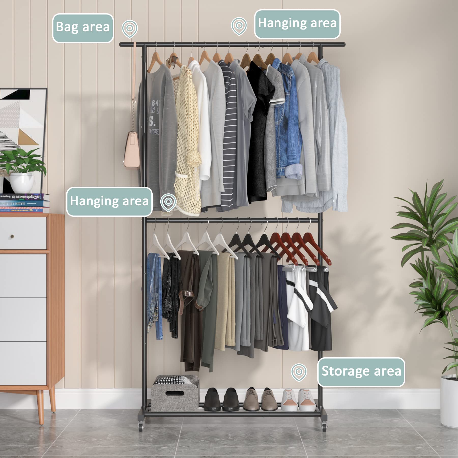 Double Rod Clothing Garment Rack, Rolling Clothes Organizer on Wheels for Hanging Clothes, Easy to Assemble, Adjustable