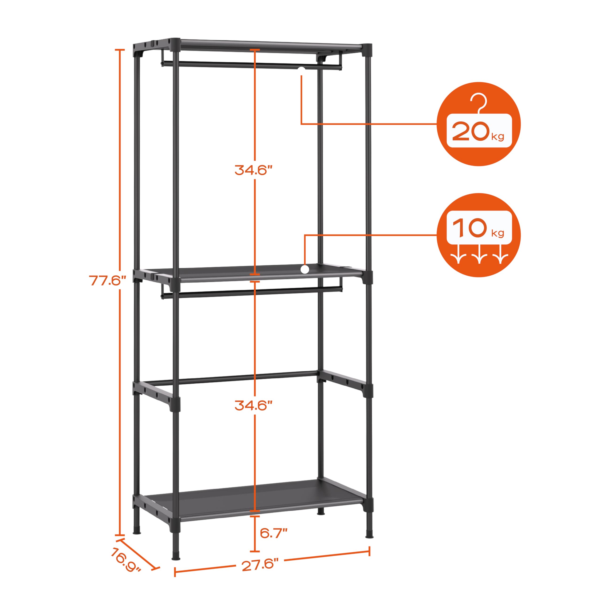Portable Closet,  Clothes Storage Organizer with Shelves and 5 Hanging Rods, Easy to Assembly