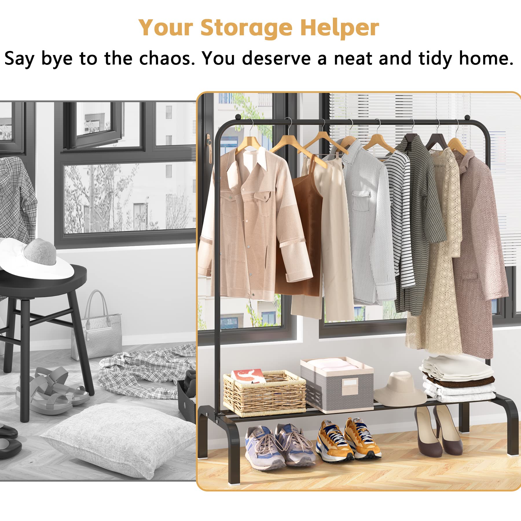 改Clothes Rack Metal Clothing Rack with Bottom Shelf Garment Rack for Hanging Clothes Shirts Jeans and Coats Black