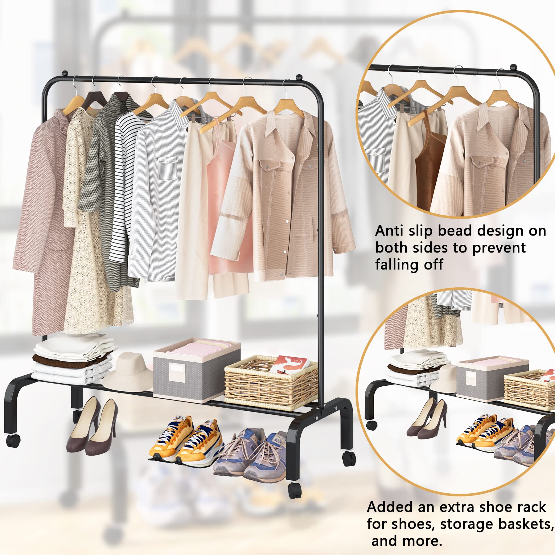 改Clothes Rack Metal Clothing Rack with Bottom Shelf Garment Rack for Hanging Clothes Shirts Jeans and Coats Black