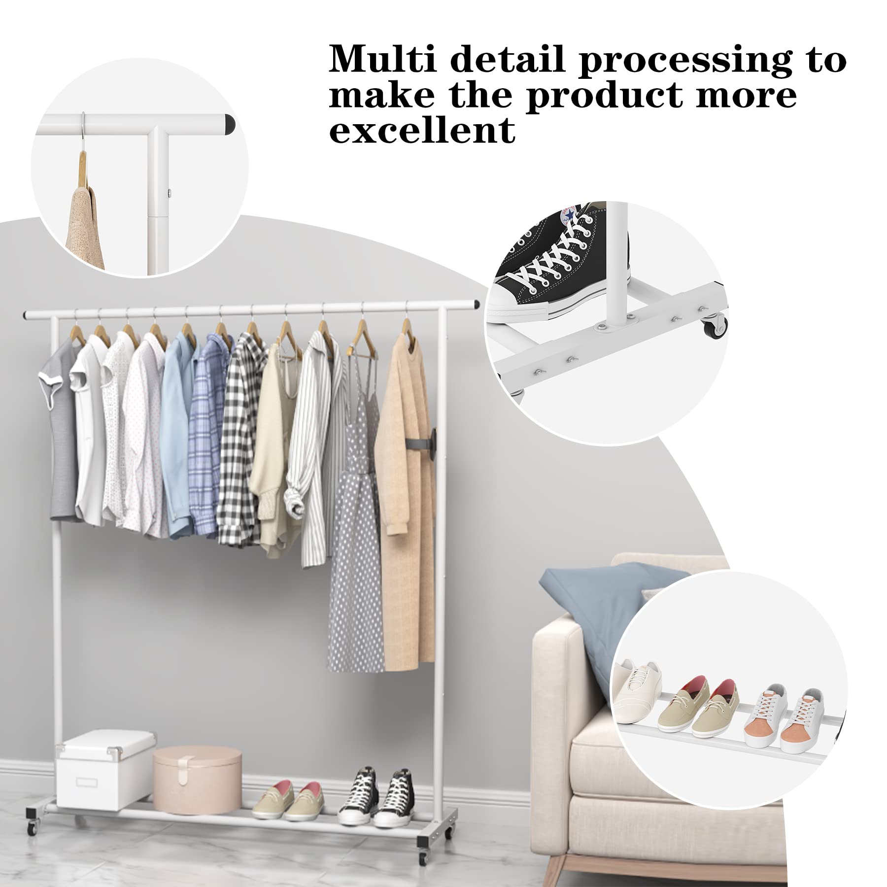 改Buzowruil Clothing Rack Clothes Rack Standard Rod Simple Rolling Metal Garment Rack Organizer Freestanding Hanger with Wheels,White