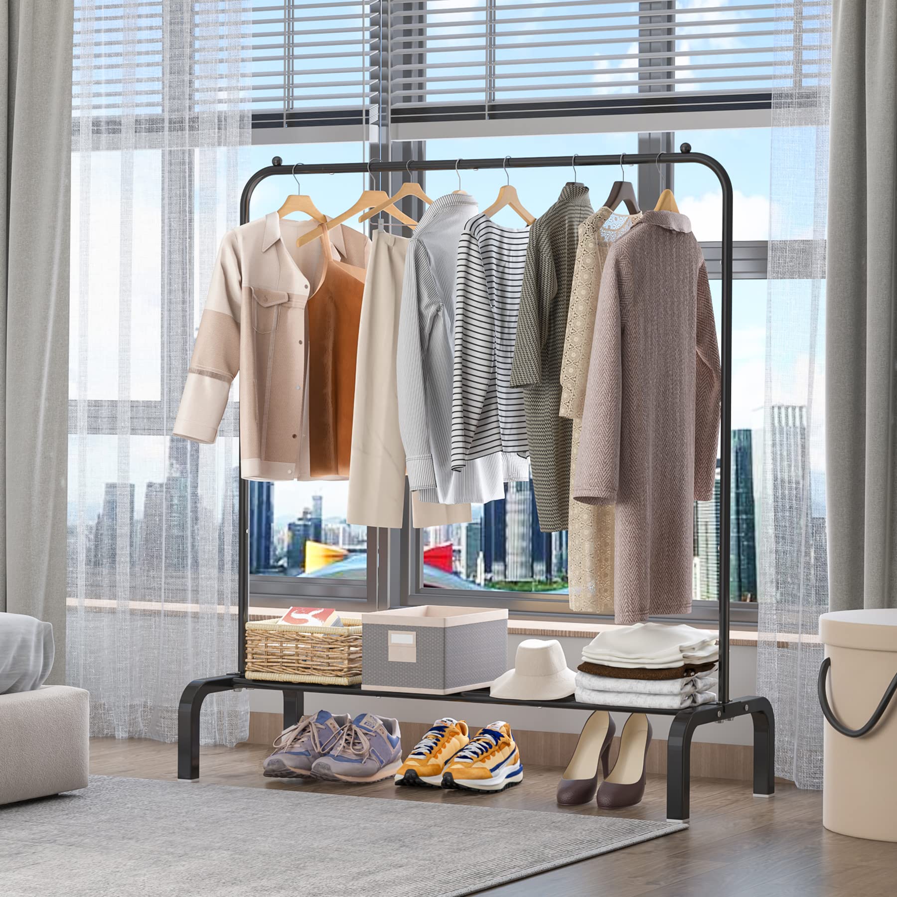 改Clothes Rack Metal Clothing Rack with Bottom Shelf Garment Rack for Hanging Clothes Shirts Jeans and Coats Black