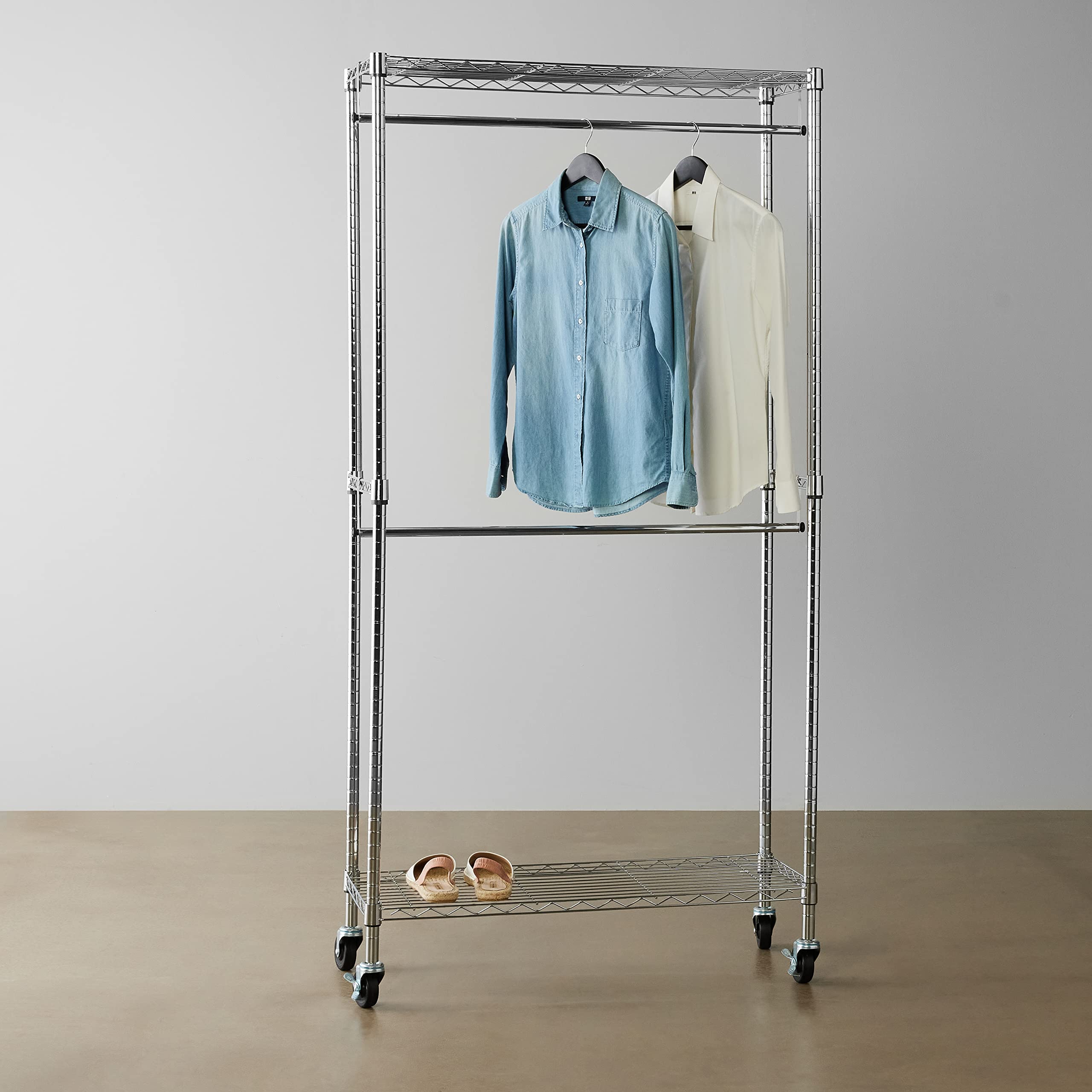 改Amazon Basics Adjustable Clothes Rack for Handing, Double Hanging Rod Garment Rolling Closet Clothing Organizer, Chrome, 36'' x 14'' x 72''