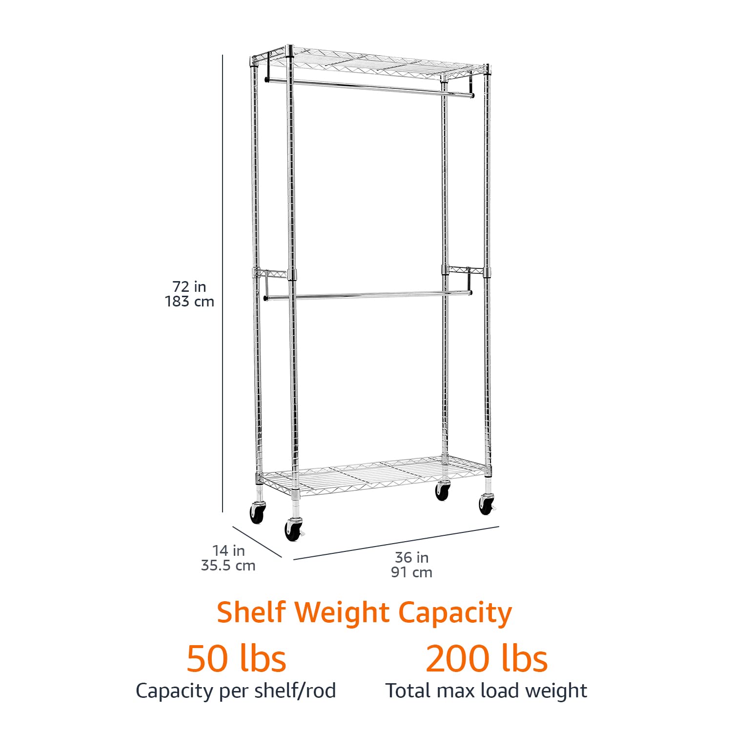 改Amazon Basics Adjustable Clothes Rack for Handing, Double Hanging Rod Garment Rolling Closet Clothing Organizer, Chrome, 36'' x 14'' x 72''