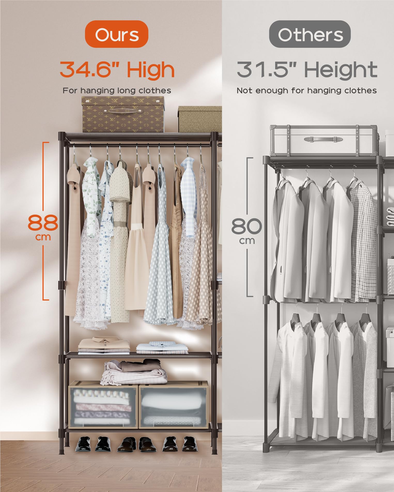 改Clothes Rack, Portable Closet, 80.7 Inch Extra Large Capacity Wardrobe Closet, Clothes Storage Organizer with Shelves and 5 Hanging Rods, Easy to Assembly, Black PCT036B01