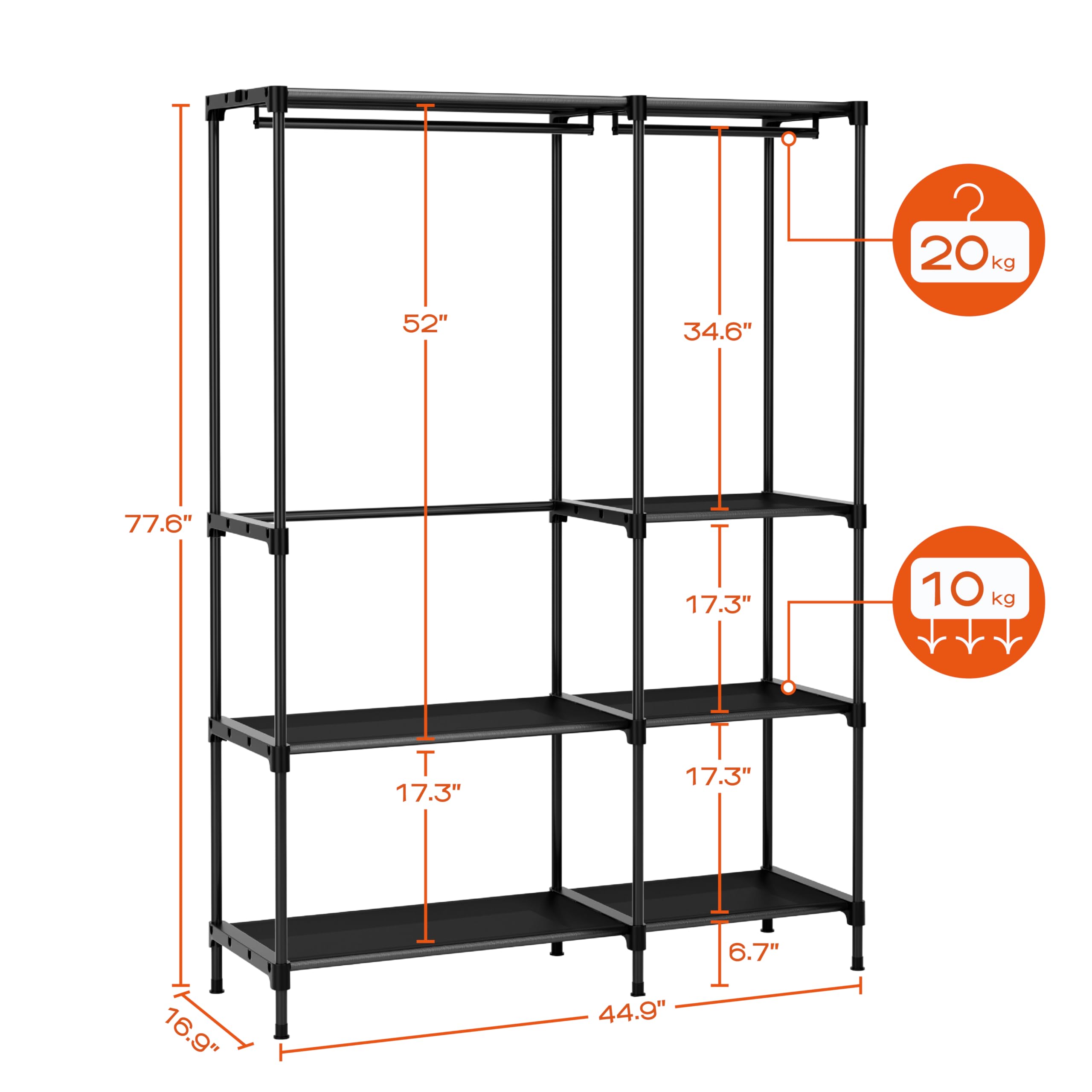 改Clothes Rack, Portable Closet, 80.7 Inch Extra Large Capacity Wardrobe Closet, Clothes Storage Organizer with Shelves and 5 Hanging Rods, Easy to Assembly, Black PCT036B01