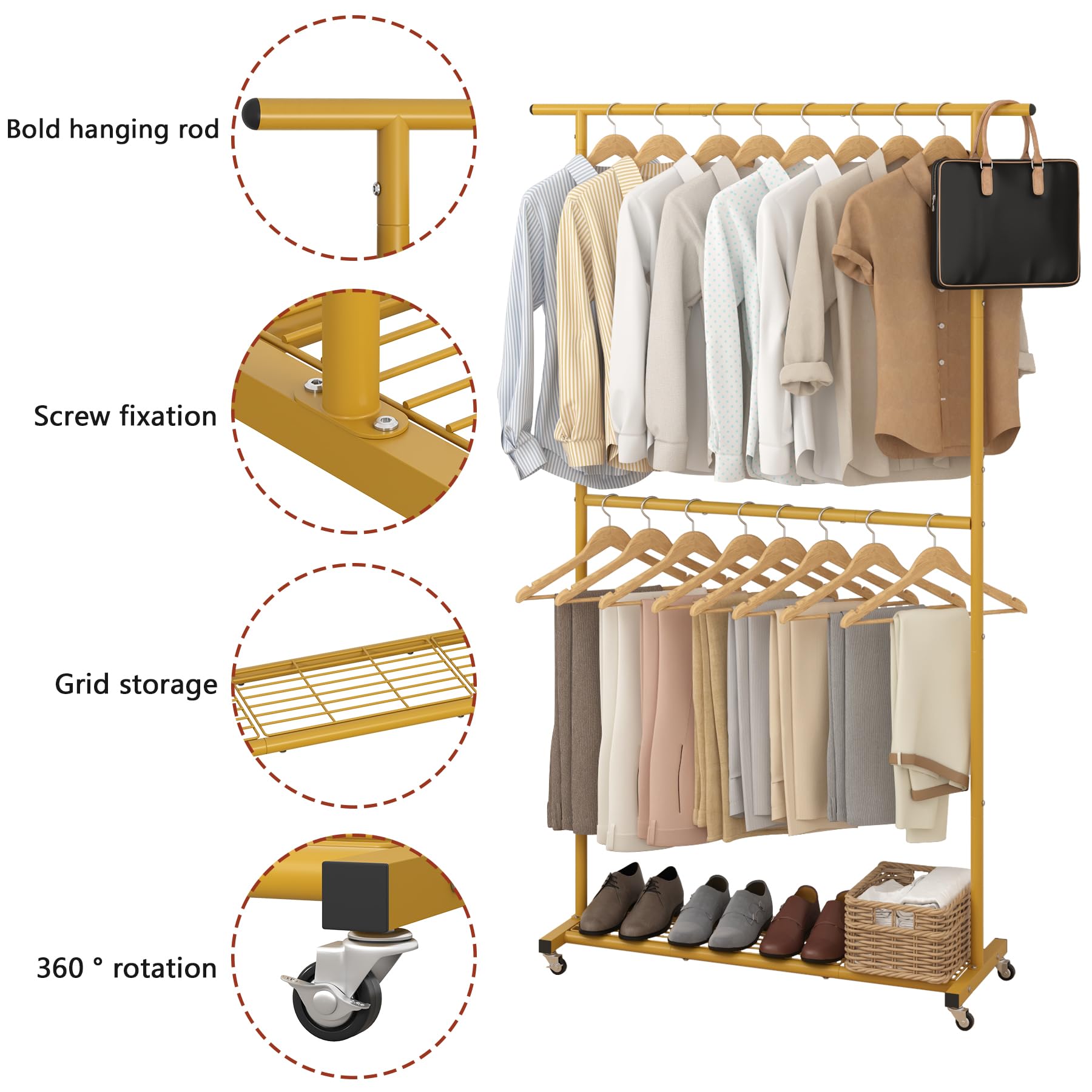 Double Rod Clothing Garment Rack, Rolling Clothes Organizer on Wheels for Hanging Clothes, Easy to Assemble, Adjustable