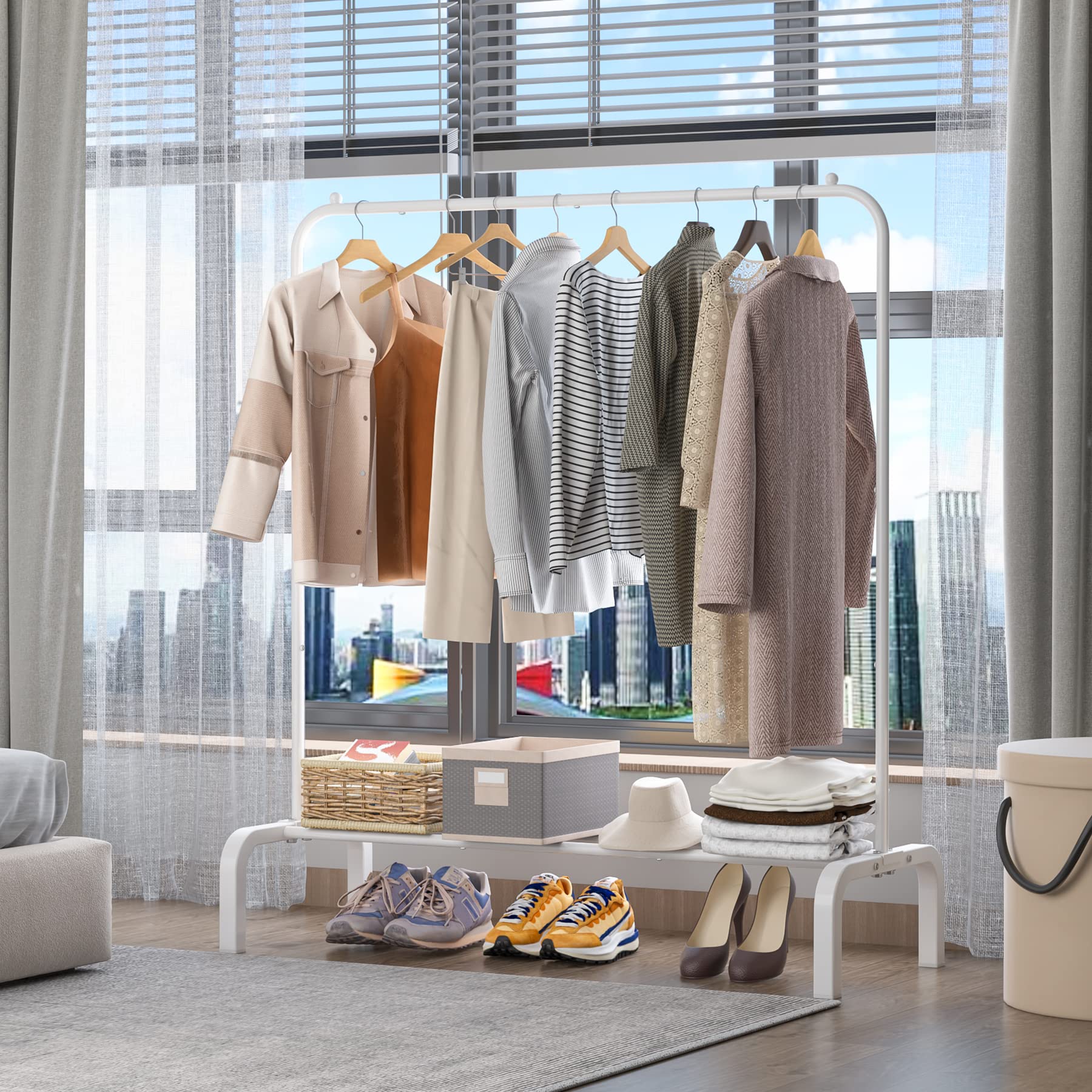Clothes Rack Metal Clothing Rack with Bottom Shelf Garment Rack for Hanging Clothes Shirts Jeans and Coats