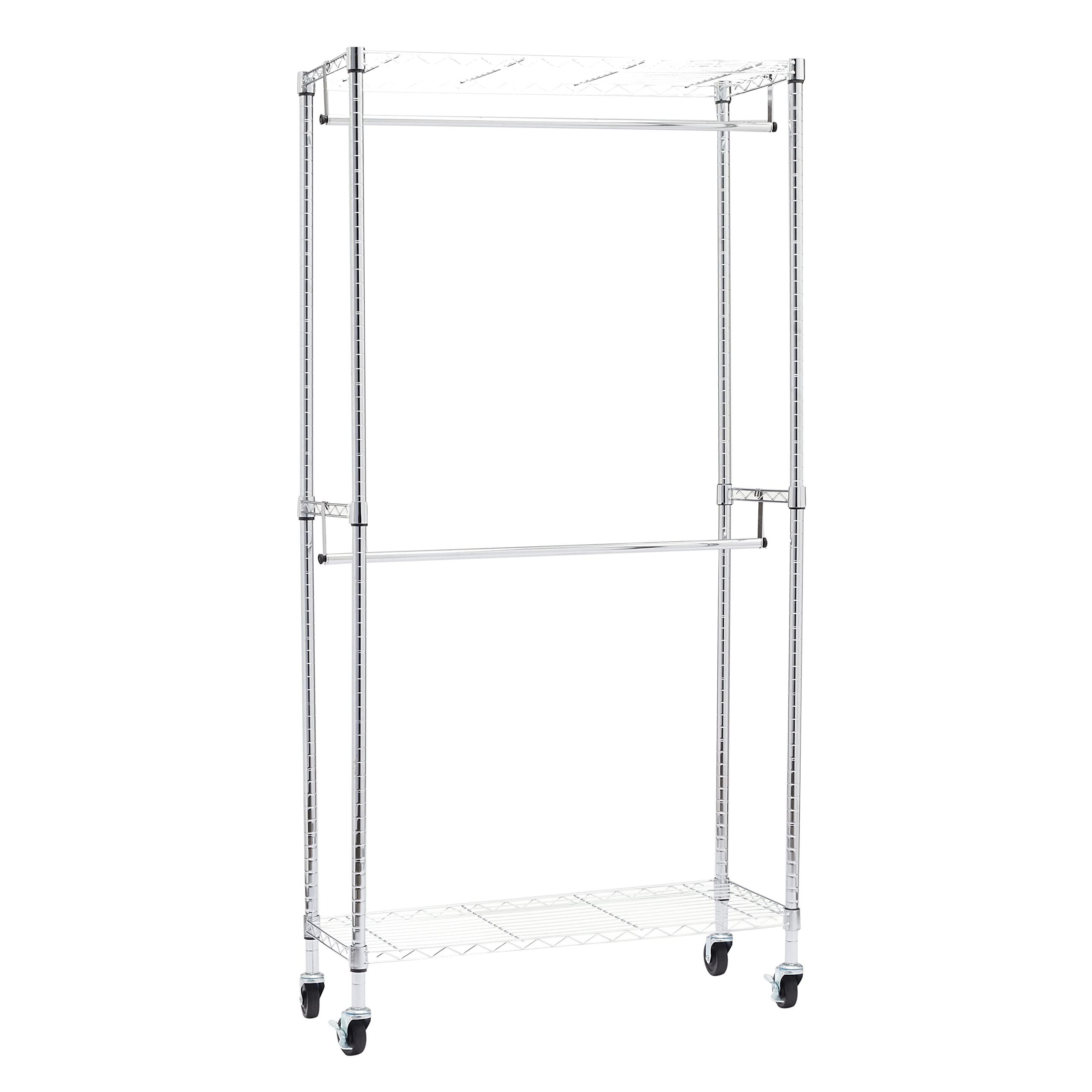 改Amazon Basics Adjustable Clothes Rack for Handing, Double Hanging Rod Garment Rolling Closet Clothing Organizer, Chrome, 36'' x 14'' x 72''